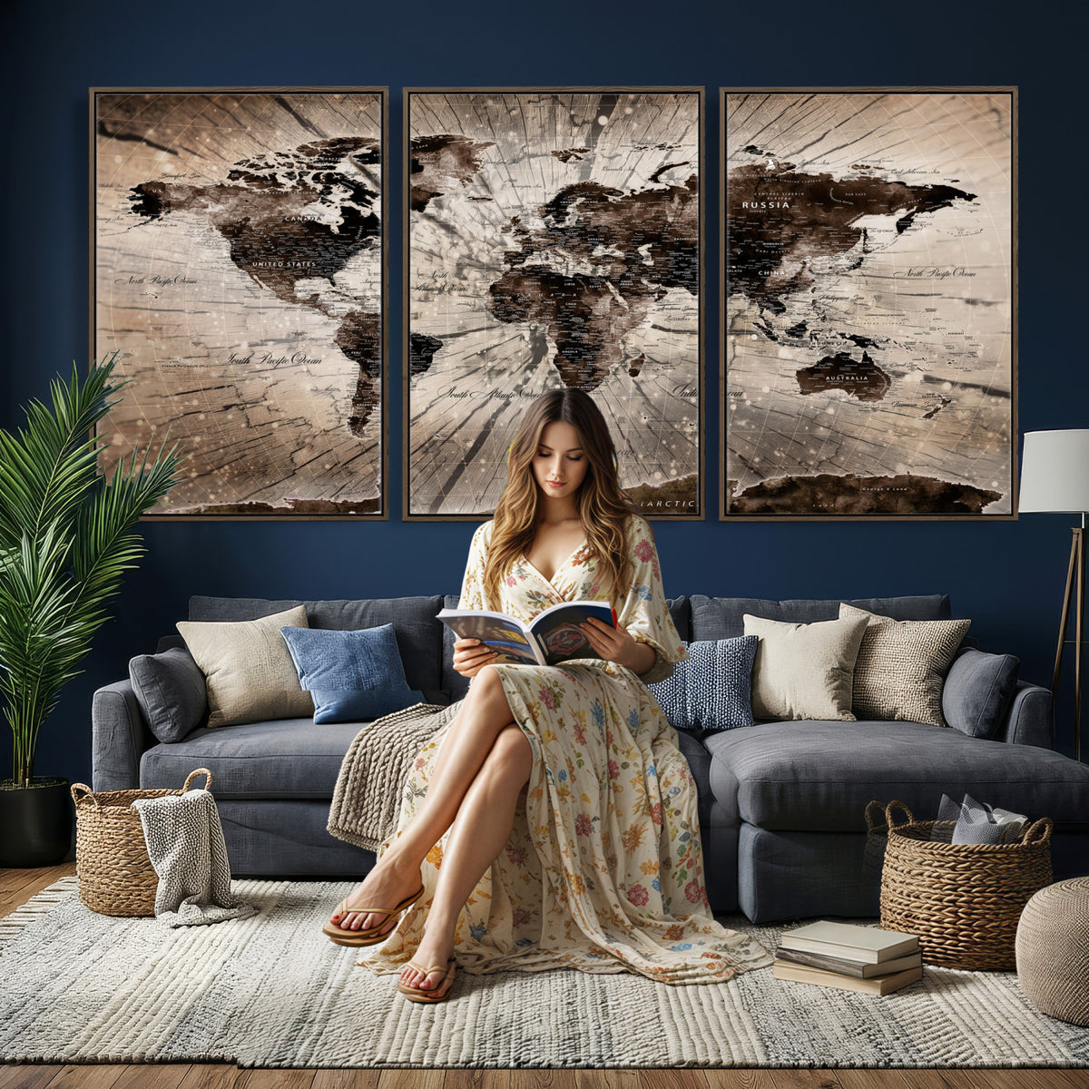 94623295-MGV-CV-36X24 - World Map Wall Art Canvas Print, Modern Decorative Framed Map Artwork Prints for Living Room, Office, Bedroom Wall Decor
