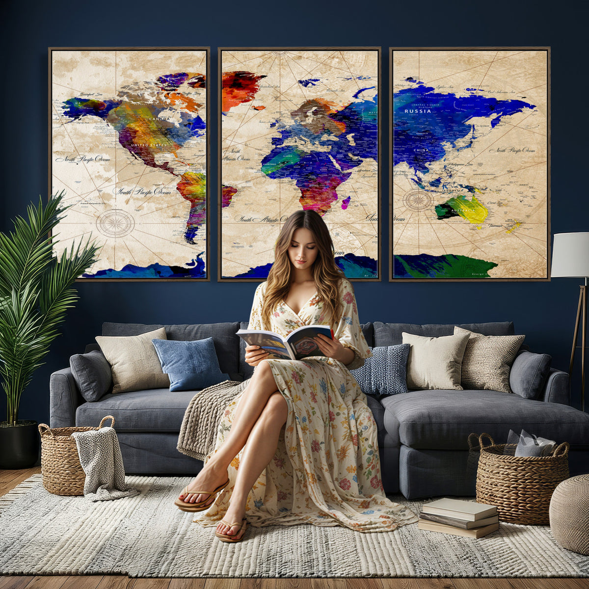 26284075-MGV-CV-36X24 - World Map Wall Art Canvas Print, Modern Decorative Framed Map Artwork Prints for Living Room, Office, Bedroom Wall Decor