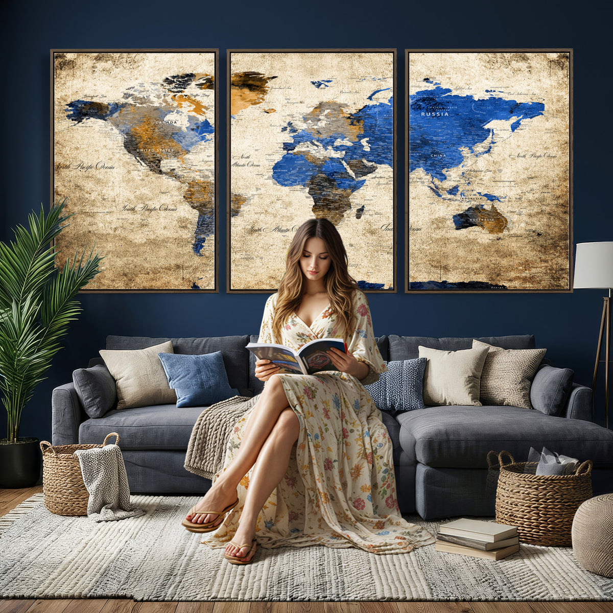 27314341-MGV-CV-36X24 - World Map Wall Art Canvas Print, Modern Decorative Framed Map Artwork Prints for Living Room, Office, Bedroom Wall Decor