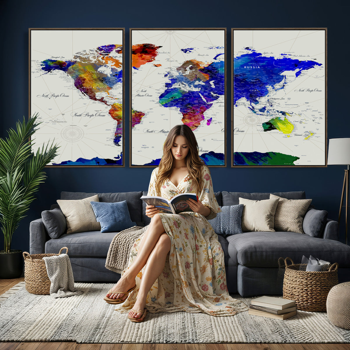 49670038-MGV-CV-36X24 - World Map Wall Art Canvas Print, Modern Decorative Framed Map Artwork Prints for Living Room, Office, Bedroom Wall Decor