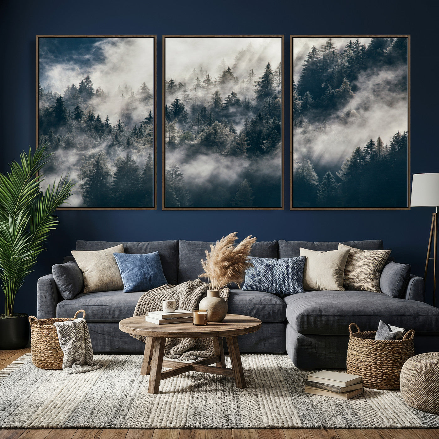 63405824-MGV-CV-36X24 - Foggy Mountain Forest Canvas Print, Misty Pine Trees Nature Wall Art, Framed Canvas Ready to Hang