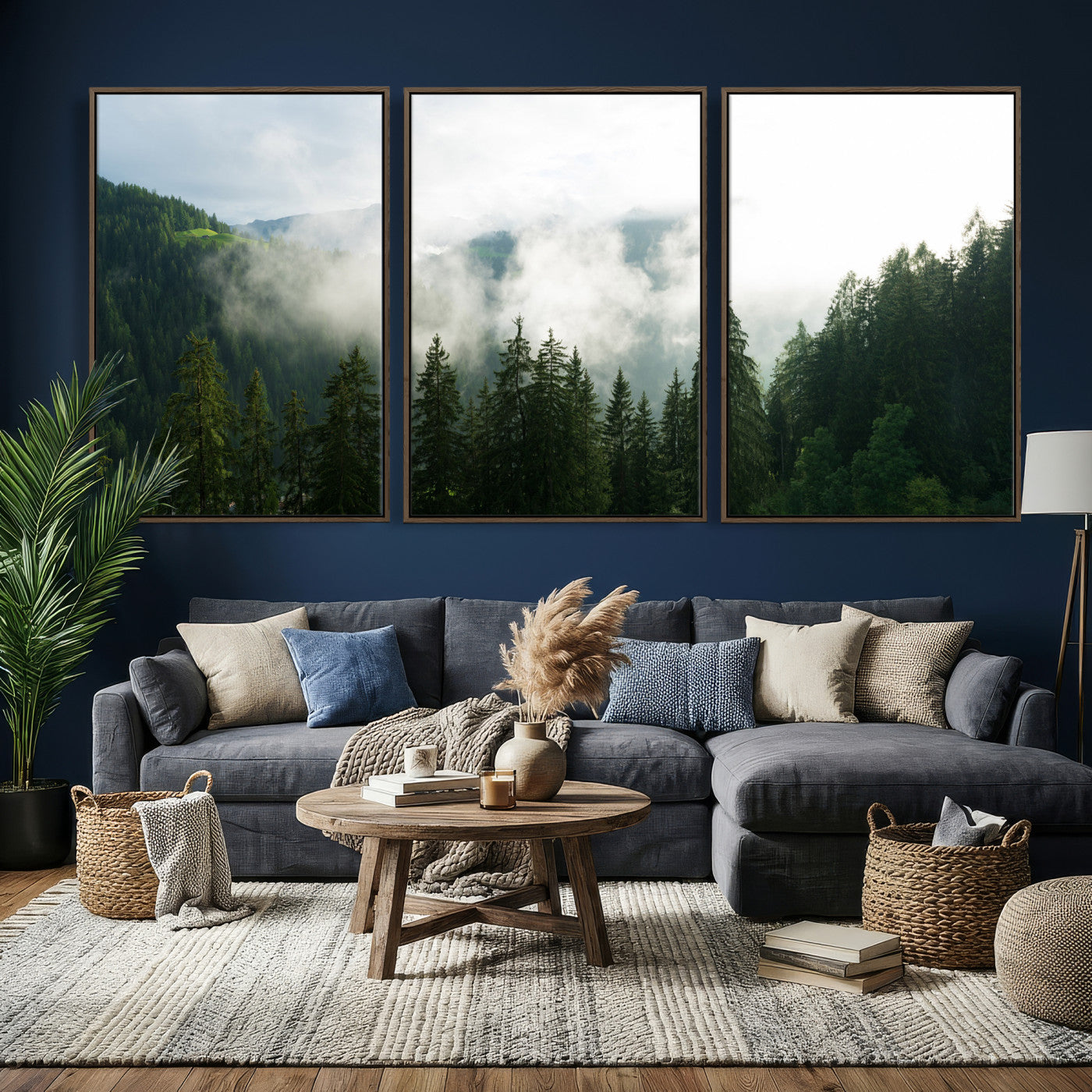 67174129-MGV-CV-36X24 - Misty Mountain Forest Canvas Print, Foggy Pine Trees Nature Wall Art, Framed Canvas Ready to Hang