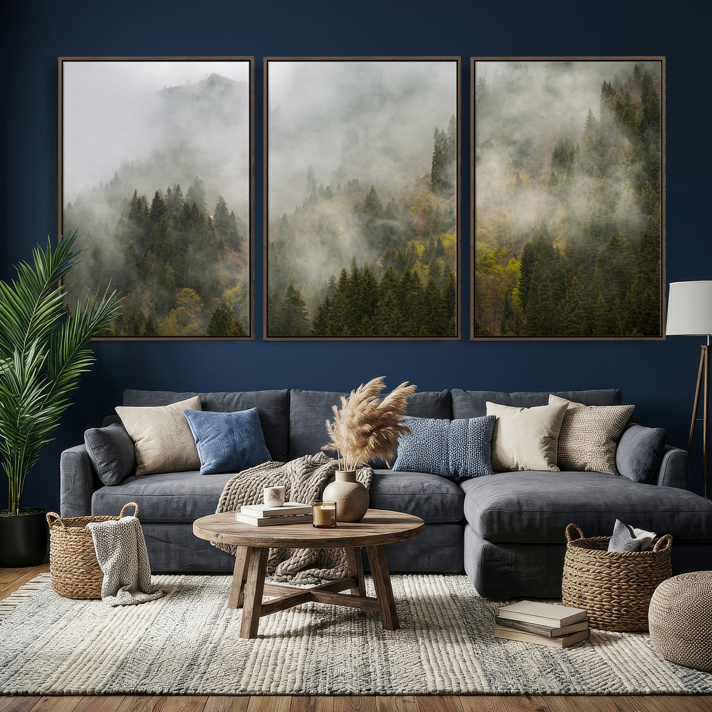 31152954-MGV-CV-36X24 - Misty Mountain Forest Canvas Print, Foggy Pine Trees Nature Wall Art, Framed Canvas Ready to Hang