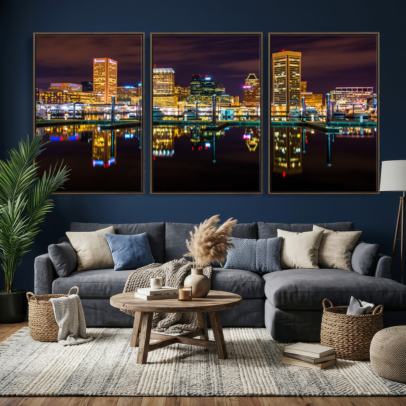 38201692-MGV-CV-36X24 - Baltimore Skyline Wall Art Canvas Print, Baltimore Downtown Night Cityscape Print for Modern Urban Wall Decor