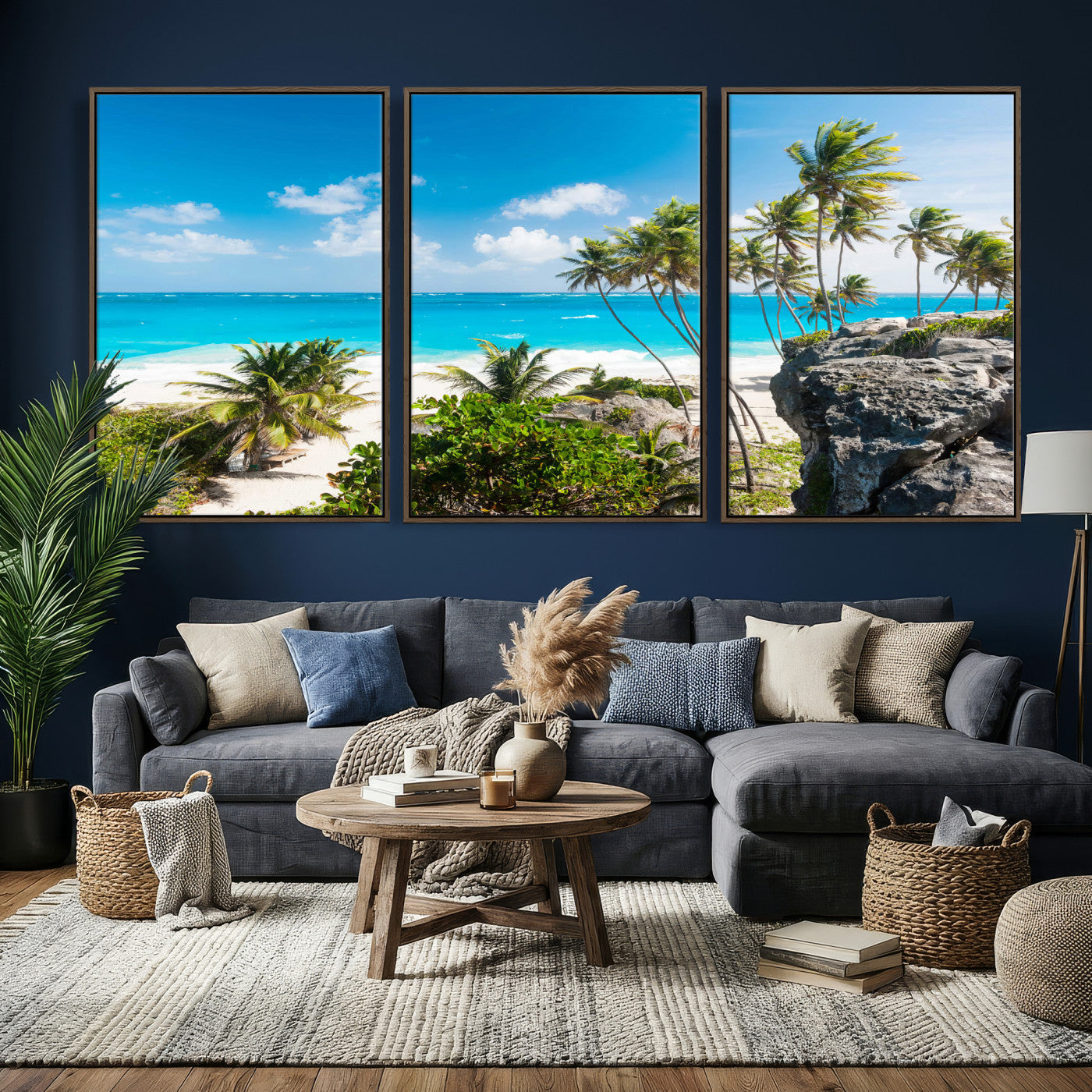 79995168-MGV-CV-36X24 - Barbados Beach Wall Art Canvas Print, Palm Tree Ocean Landscape, Turquoise Sea Coastal Photography, Tropical Island Wall Decor, Framed Ready to Hang