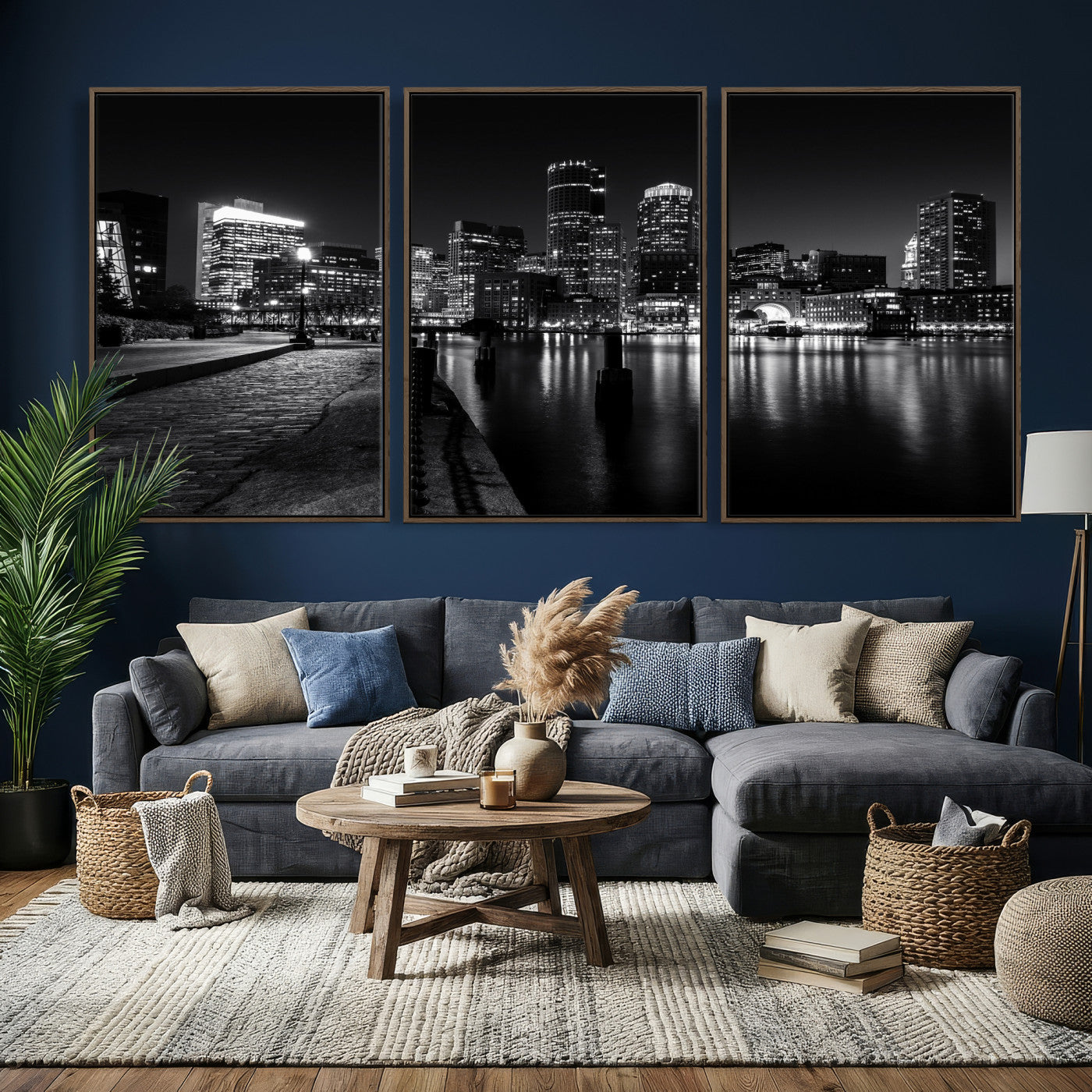 53082656-MGV-CV-36X24 - Boston Wall Art Canvas Print, Boston City Downtown Night Cityscape Print for Modern Urban Wall Decor