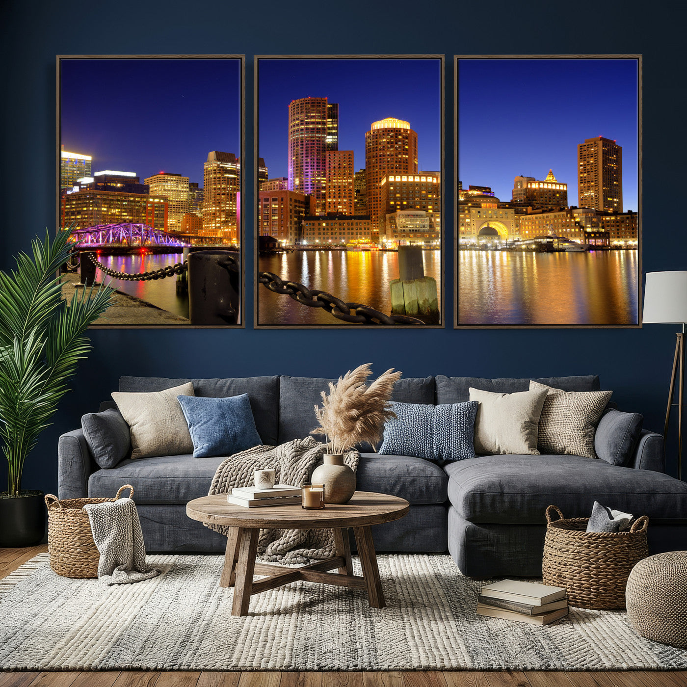 56611117-MGV-CV-36X24 - Boston Wall Art Canvas Print, Boston City Downtown Night Cityscape Print for Modern Urban Wall Decor