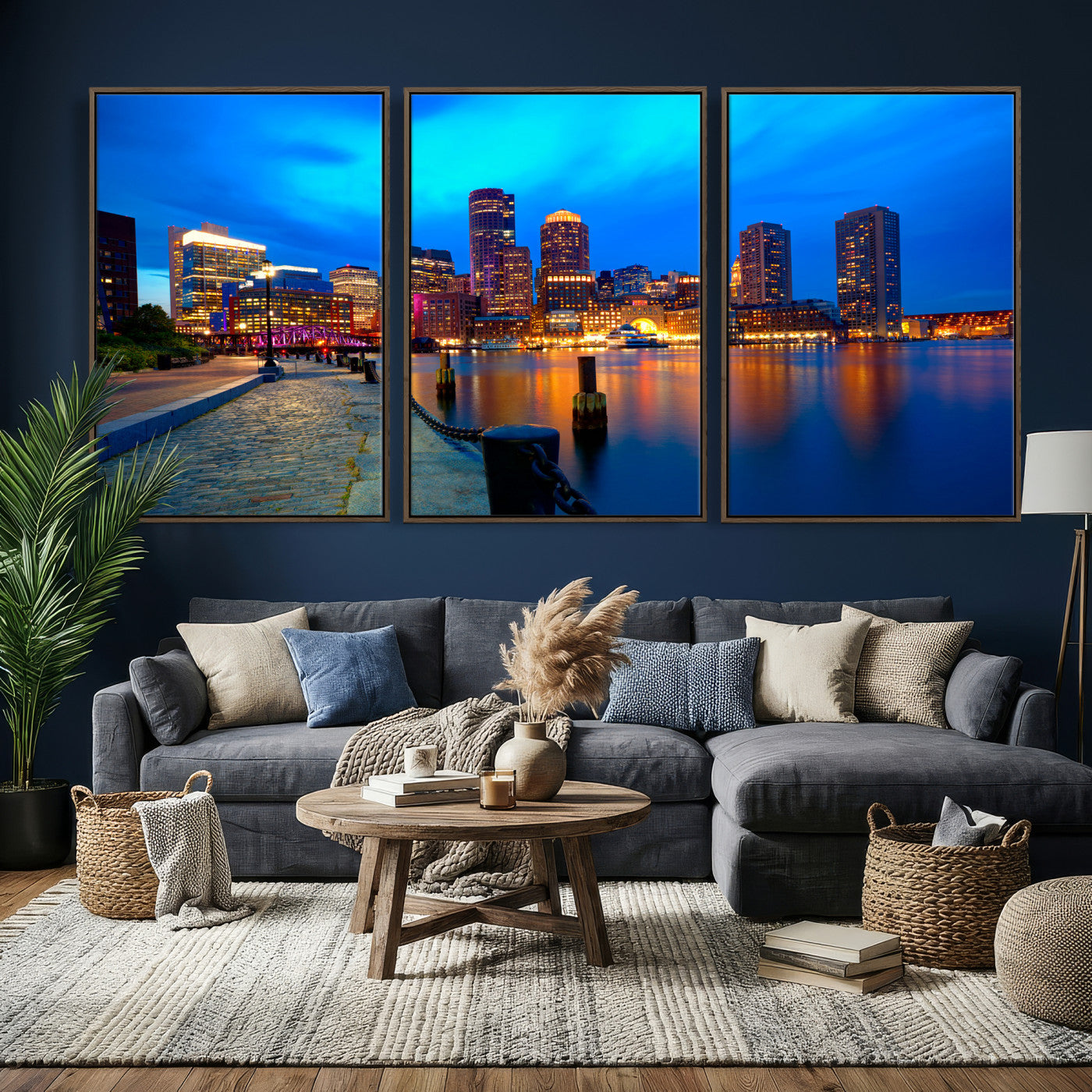 69619565-MGV-CV-36X24 - Boston Wall Art Canvas Print, Boston City Downtown Night Cityscape Print for Modern Urban Wall Decor