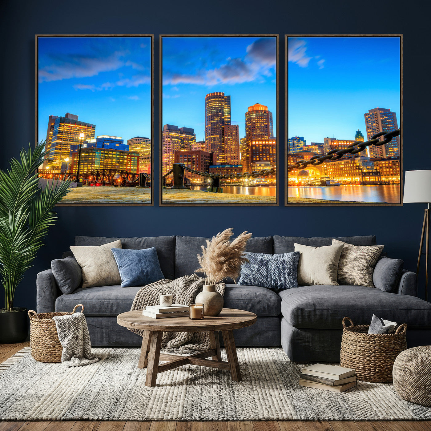 46736409-MGV-CV-36X24 - Boston Wall Art Canvas Print, Boston City Downtown Night Cityscape Print for Modern Urban Wall Decor
