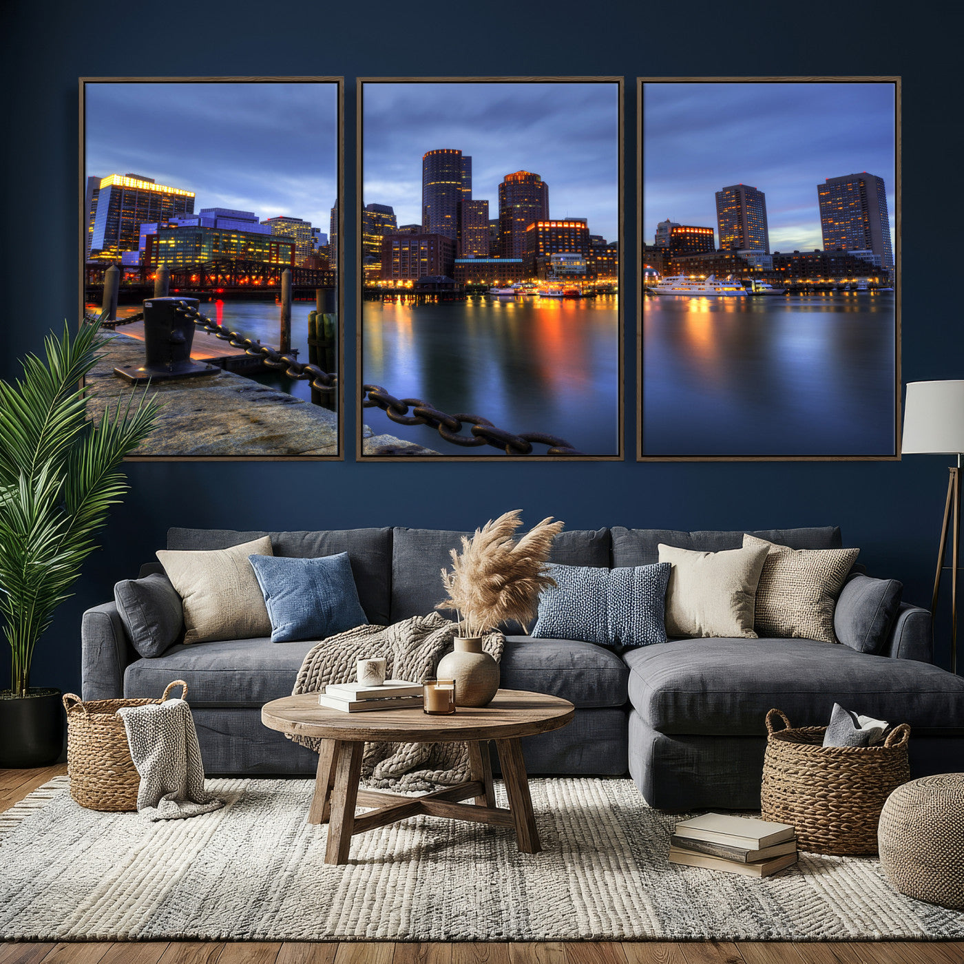 82439622-MGV-CV-36X24 - Boston Wall Art Canvas Print, Boston City Downtown Night Cityscape Print for Modern Urban Wall Decor