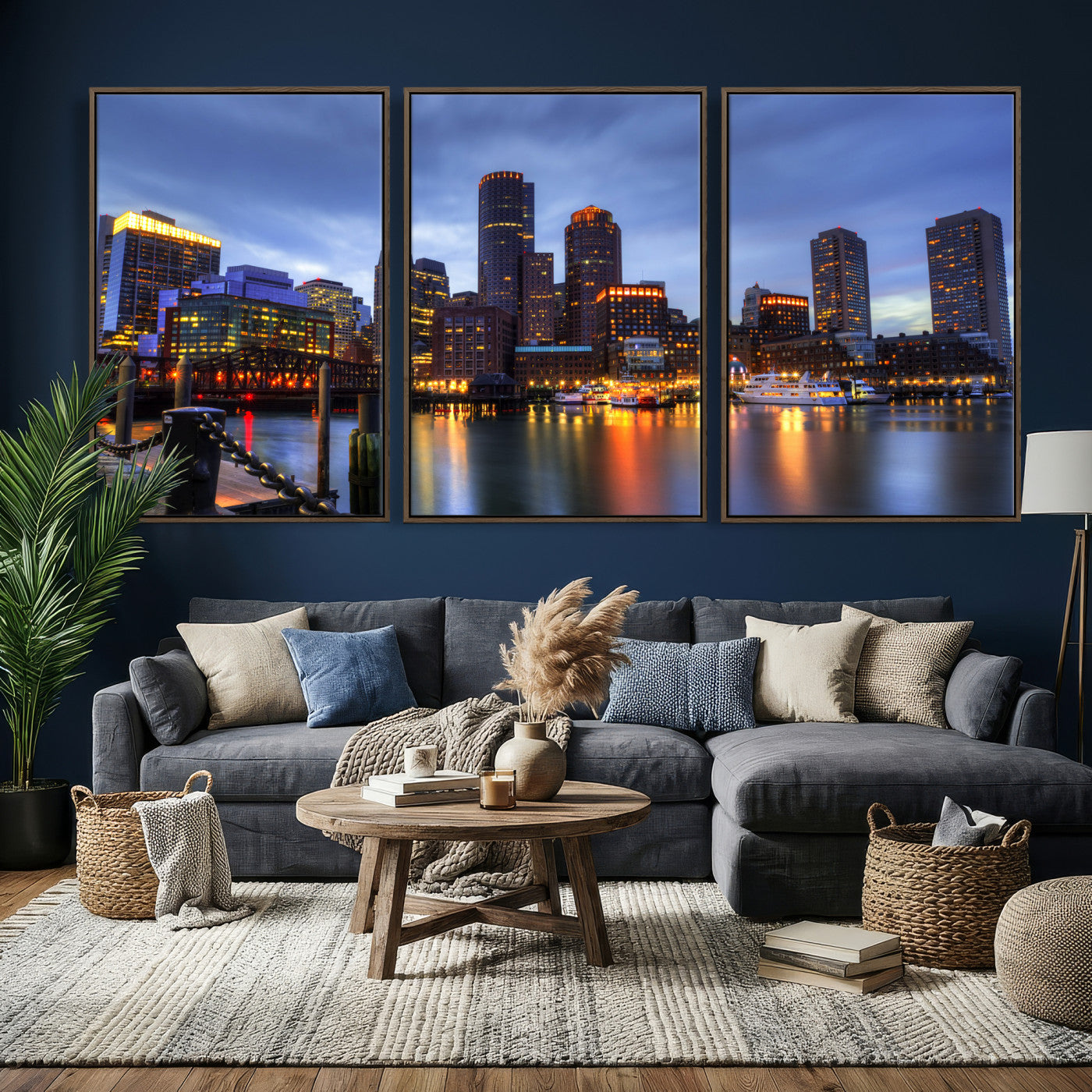 74951698-MGV-CV-60X30-3P - Boston Wall Art Canvas Print, Boston City Downtown Night Cityscape Print for Modern Urban Wall Decor