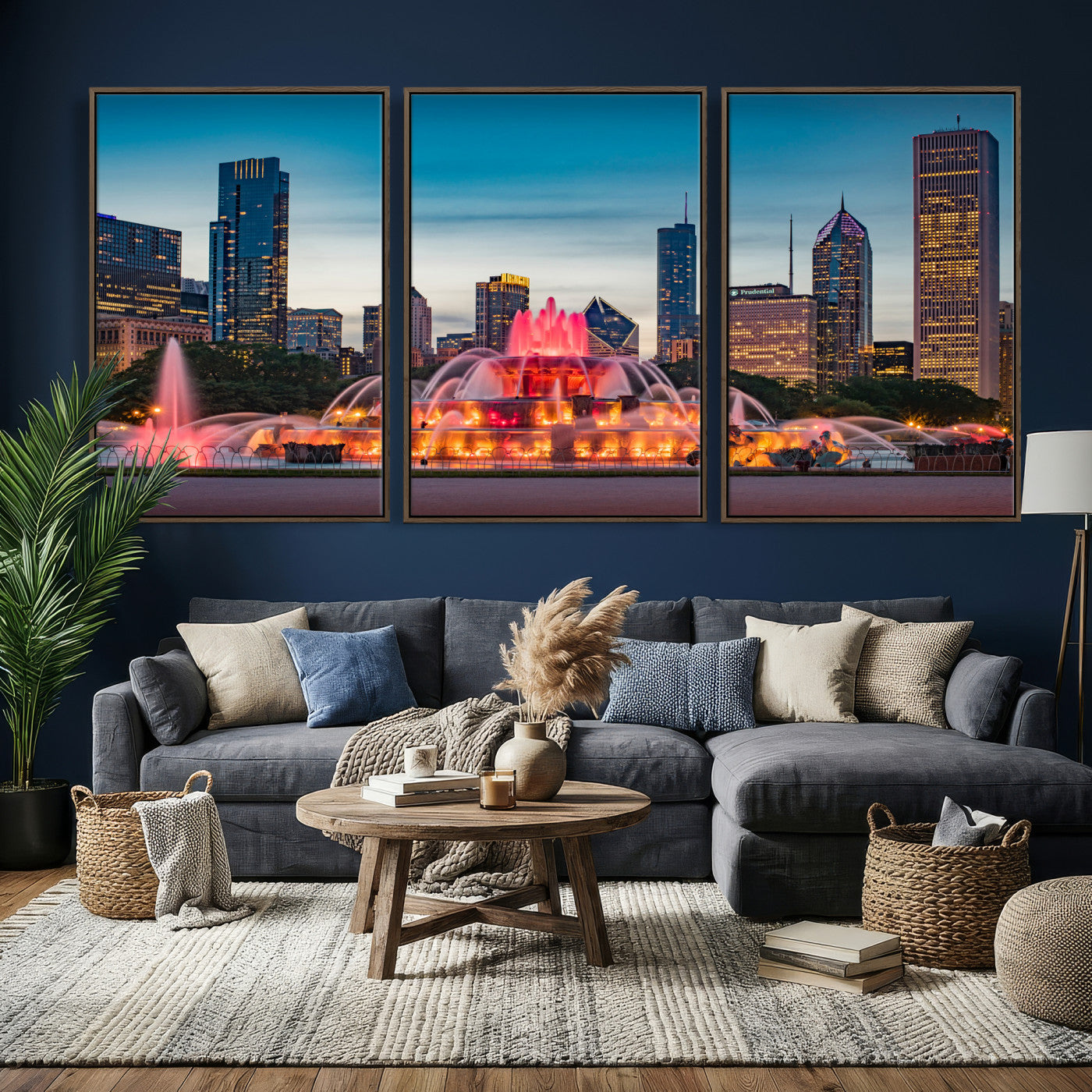 46805285-MGV-CV-36X24 - Chicago Wall Art Canvas Print, Chicago City Downtown Night Cityscape Print for Modern Urban Wall Decor