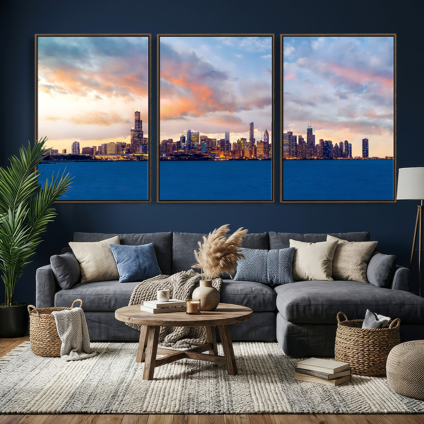 34667960-MGV-CV-36X24 - Chicago Wall Art Canvas Print, Chicago City Downtown Night Cityscape Print for Modern Urban Wall Decor