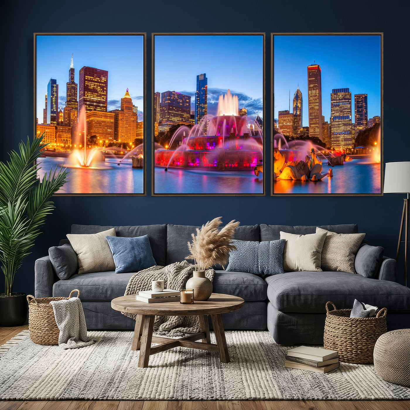 20251989-MGV-CV-36X24 - Chicago Wall Art Canvas Print, Chicago City Downtown Night Cityscape Print for Modern Urban Wall Decor