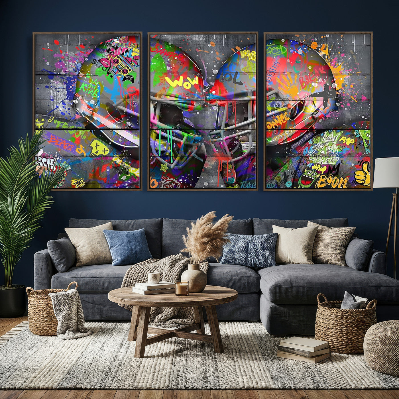 15309853-MGV-CV-36X24 - Graffiti Football Helmets Wall Art Canvas Print, Urban Street Art Sports Decor, Colorful American Football Graffiti Artwork