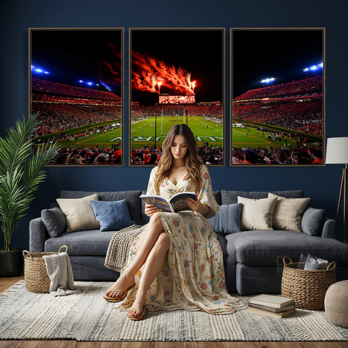 81918884-MGV-CV-36X24 - Auburn Stadium Wall Art Canvas Print, College Football Night Game Crowd, Jordan Hare Stadium Artwork
