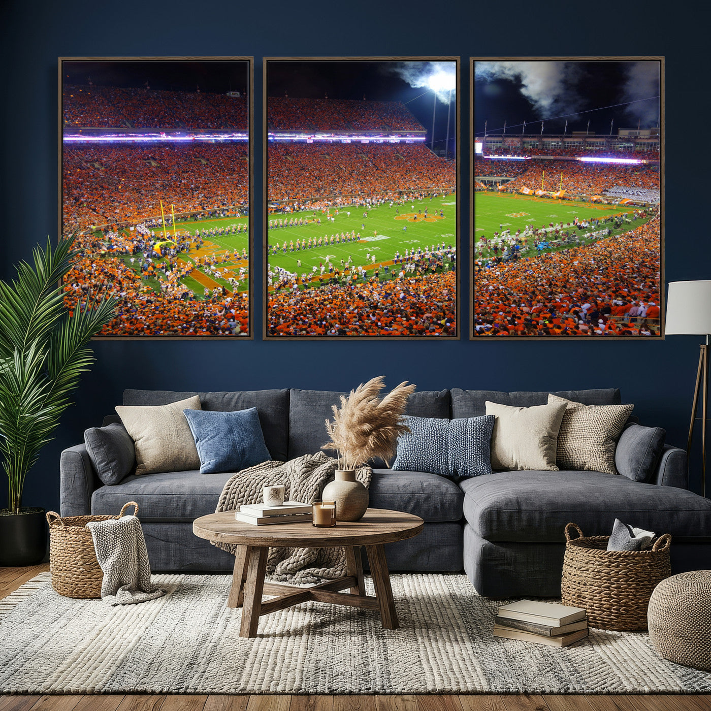 43662631-MGV-CV-36X24 - Clemson Football Stadium Wall Art Canvas Print, College Football Crowd Night Game Scene, Orange Stadium Panorama Wall Decor