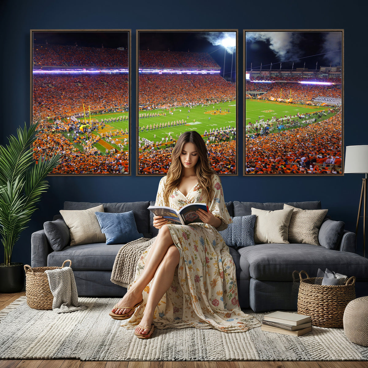 43662631-MGV-CV-36X24 - Clemson Football Stadium Wall Art Canvas Print, College Football Crowd Night Game Scene, Orange Stadium Panorama Wall Decor