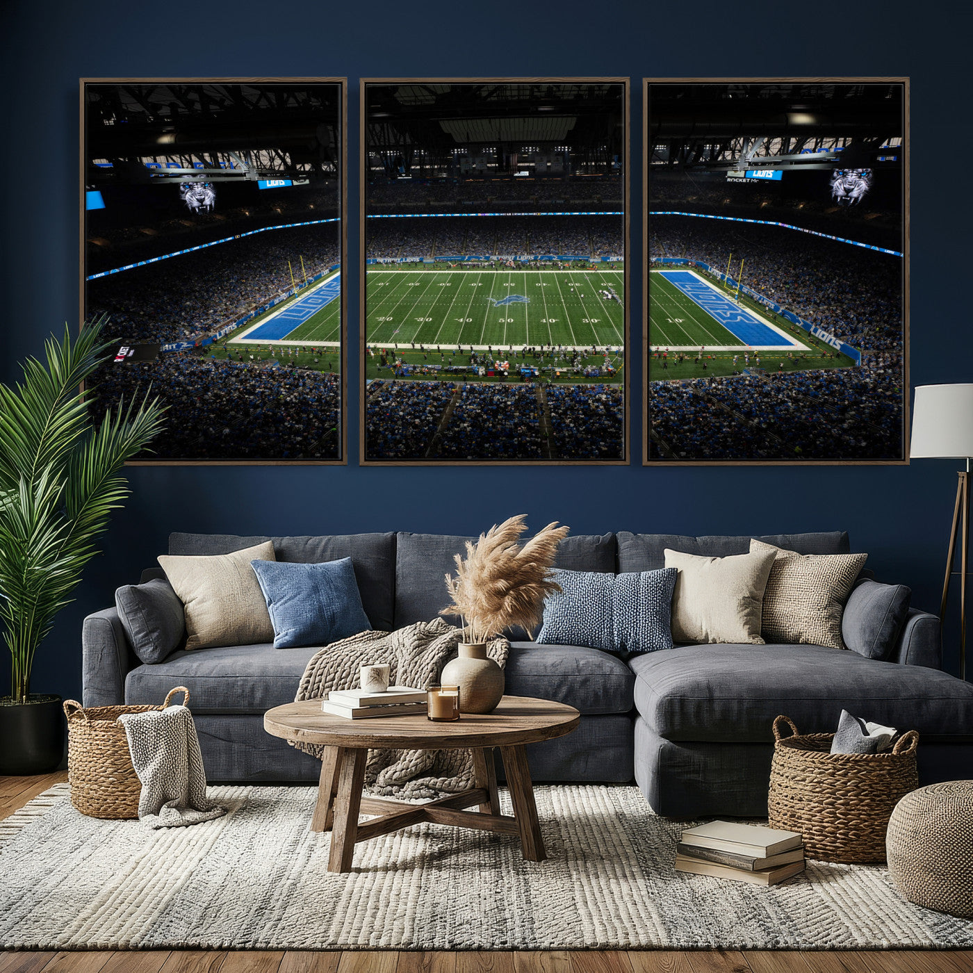 16709602-MGV-CV-36X24 - Detroit Lions Stadium Wall Art Canvas Print, Football Field Panorama Artwork, NFL Game Night Stadium Decor