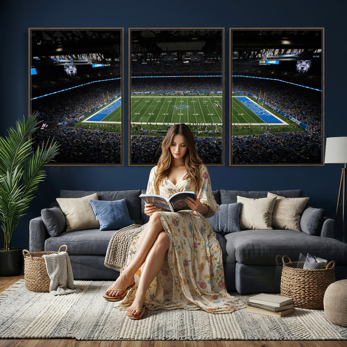 16709602-MGV-CV-36X24 - Detroit Lions Stadium Wall Art Canvas Print, Football Field Panorama