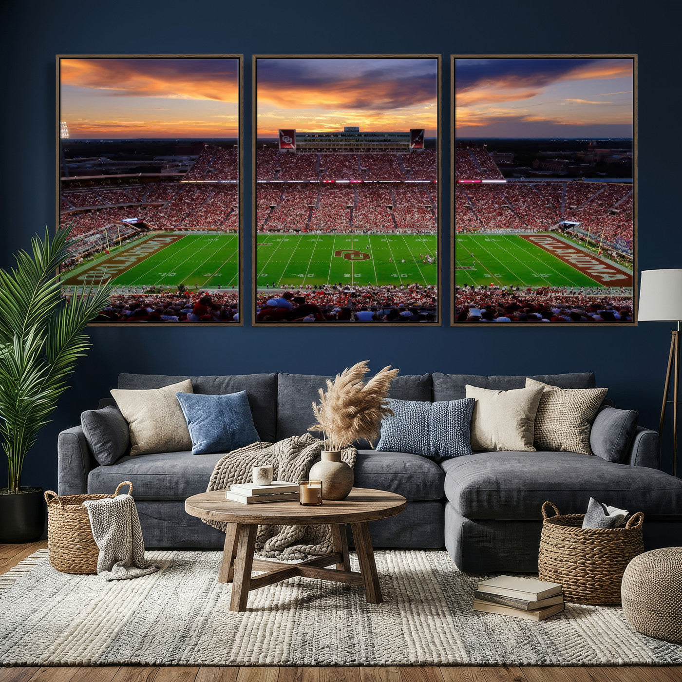 51457497-MGV-CV-36X24 - Oklahoma Sooners Stadium Wall Art Canvas Print, College Football Sunset Game Scene, OU Football Field Panorama Wall Decor