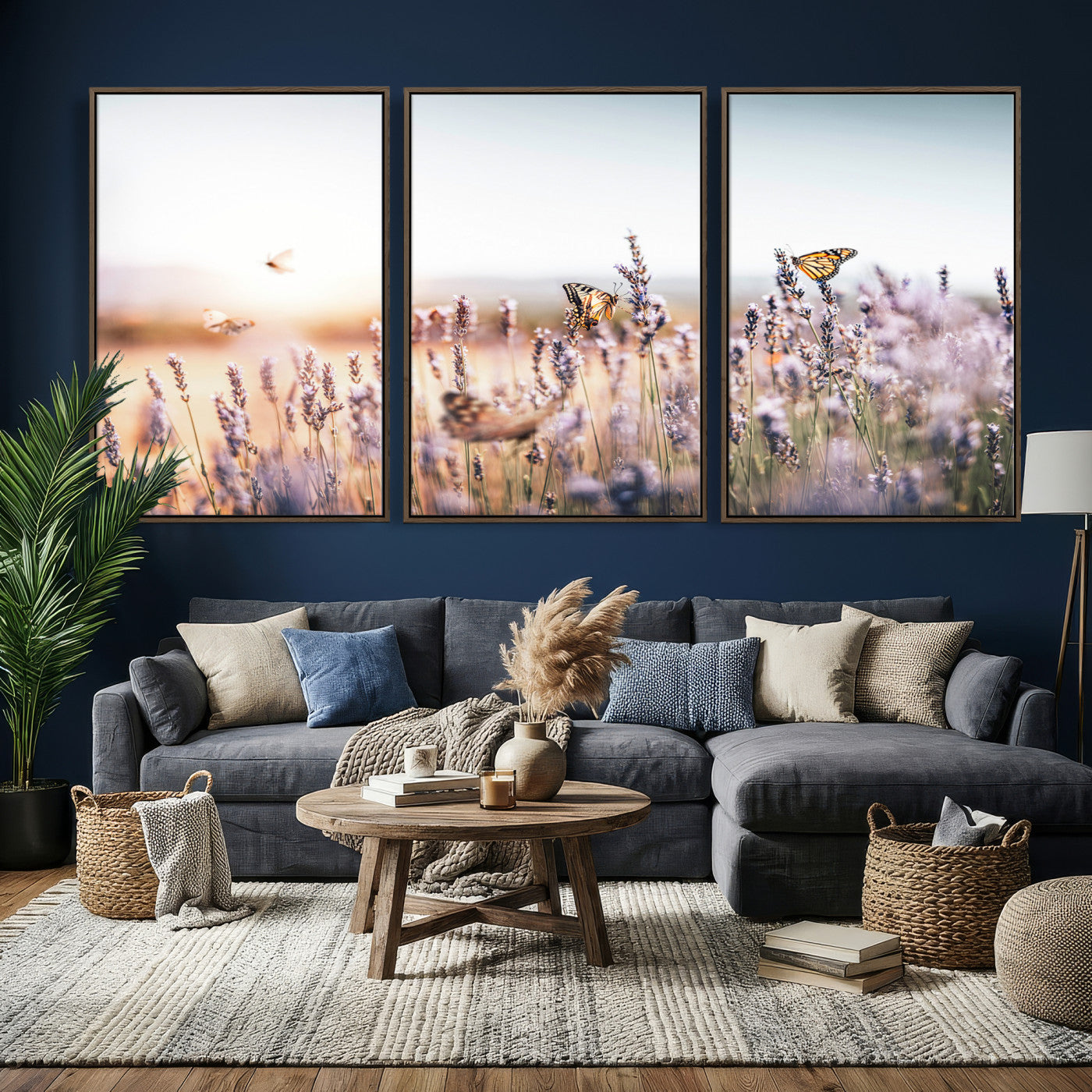 46417478-MGV-CV-36X24 - Lavender Field Wall Art Canvas Print, Butterfly Floral Landscape Art, Soft Nature Wall Decor for Bedroom