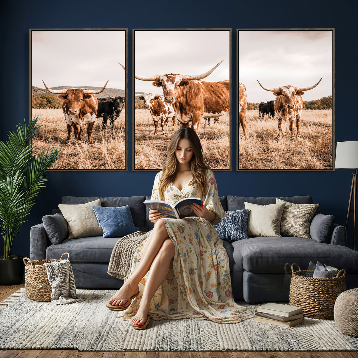 27539727-MGV-CV-36X24 - Texas Longhorn Cattle Wall Art Canvas Print, Sepia Western Decor