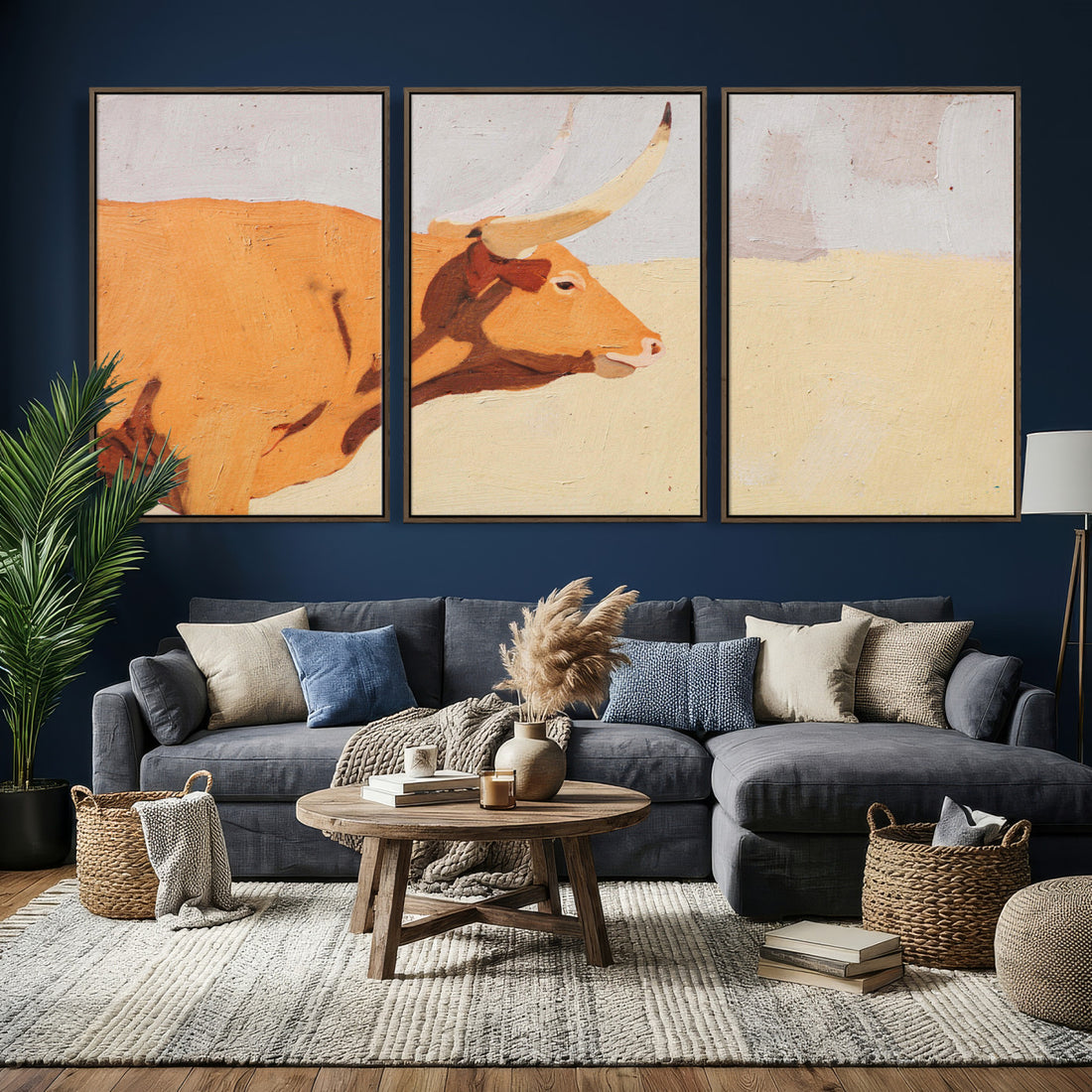 Minimal Longhorn Bull Wall Art Canvas Print, Neutral Western Decor