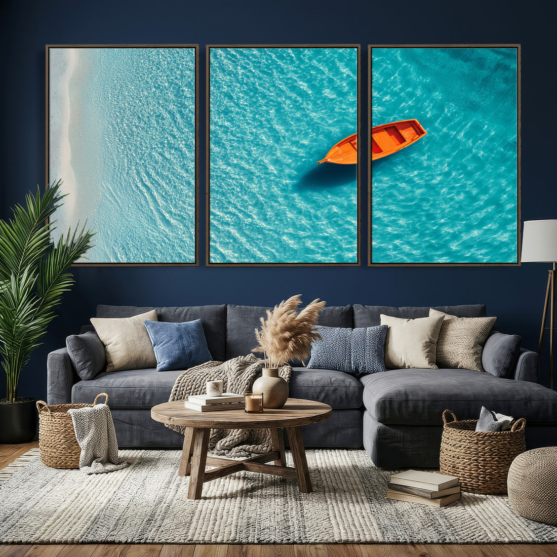 Minimalist Boat Wall Art Canvas Print, Aerial Sea Landscape