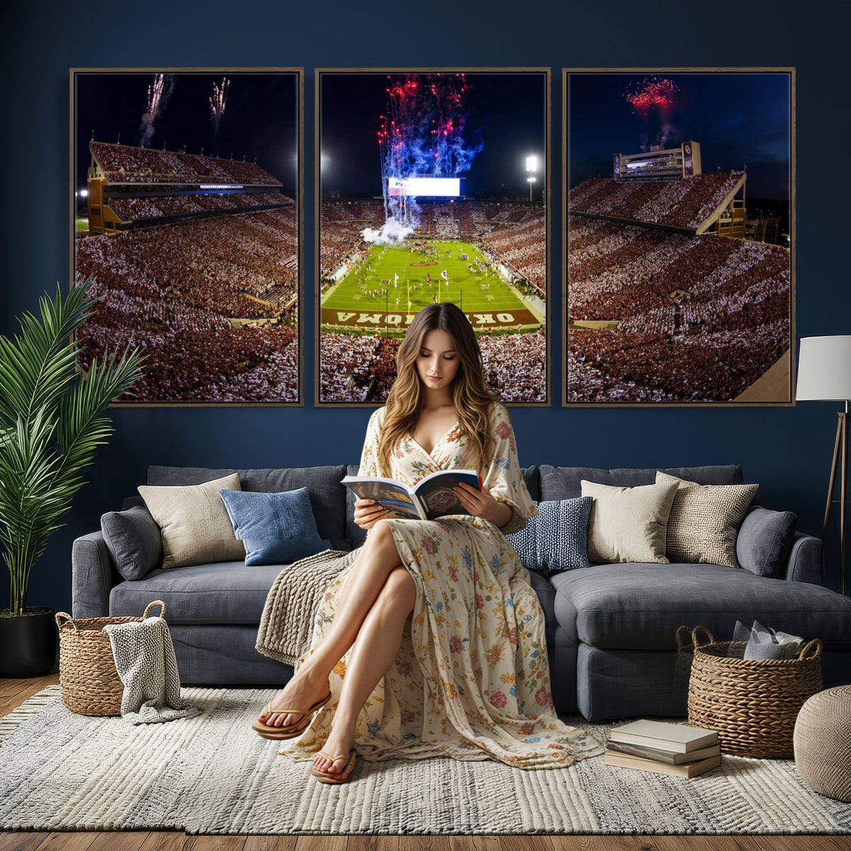 43197777-MGV-CV-36X24 - Oklahoma Memorial Stadium Wall Art Canvas Print – Oklahoma Sooners Football Artwork for Home, Office, and Sports Room Decor