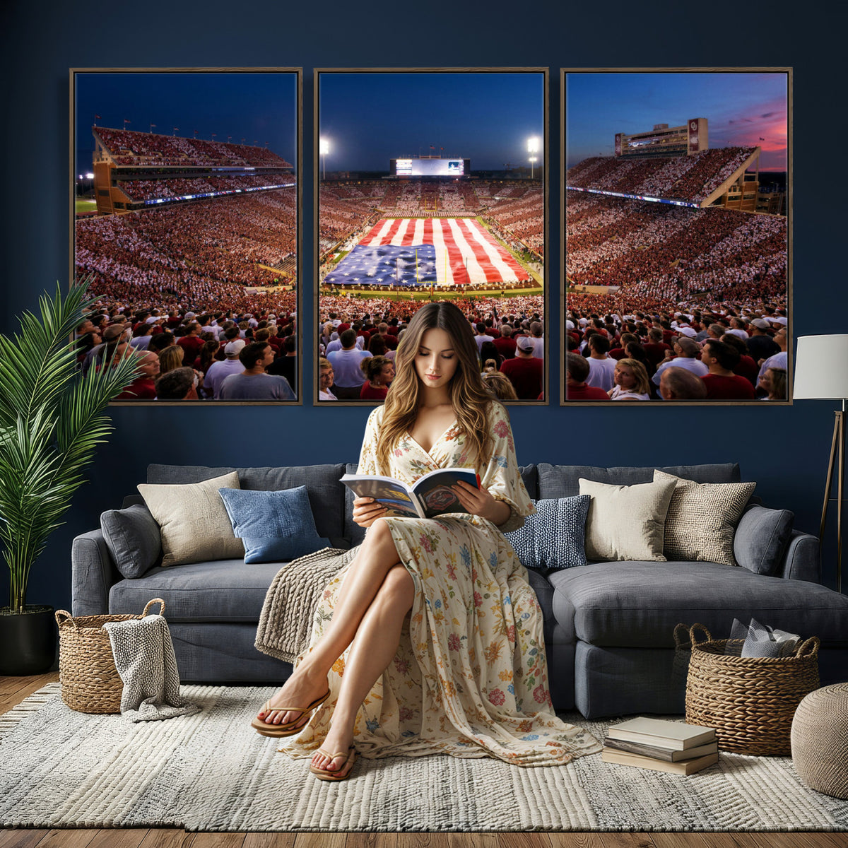 59917418-MGV-CV-36X24 - Oklahoma Memorial Stadium Wall Art Canvas Print – Oklahoma Sooners Football Artwork for Home, Office, and Sports Room Decor