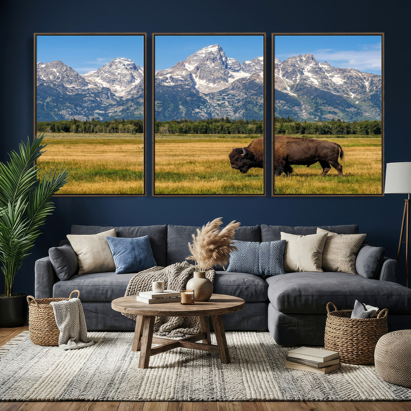 20424529-MGV-CV-36X24 - Bison in Mountain Landscape Wall Art Canvas Print – Western Wildlife Artwork for Rustic Living Room Decor