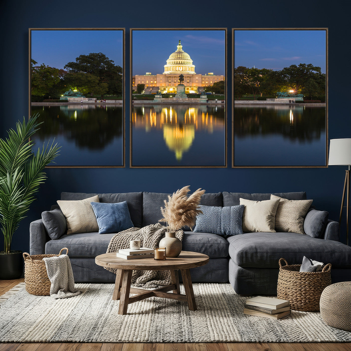 95568590-MGV-CV-36X24 - US Capitol Building Wall Art Canvas Print – Washington DC Landmark Night Reflection Artwork for Office Decor