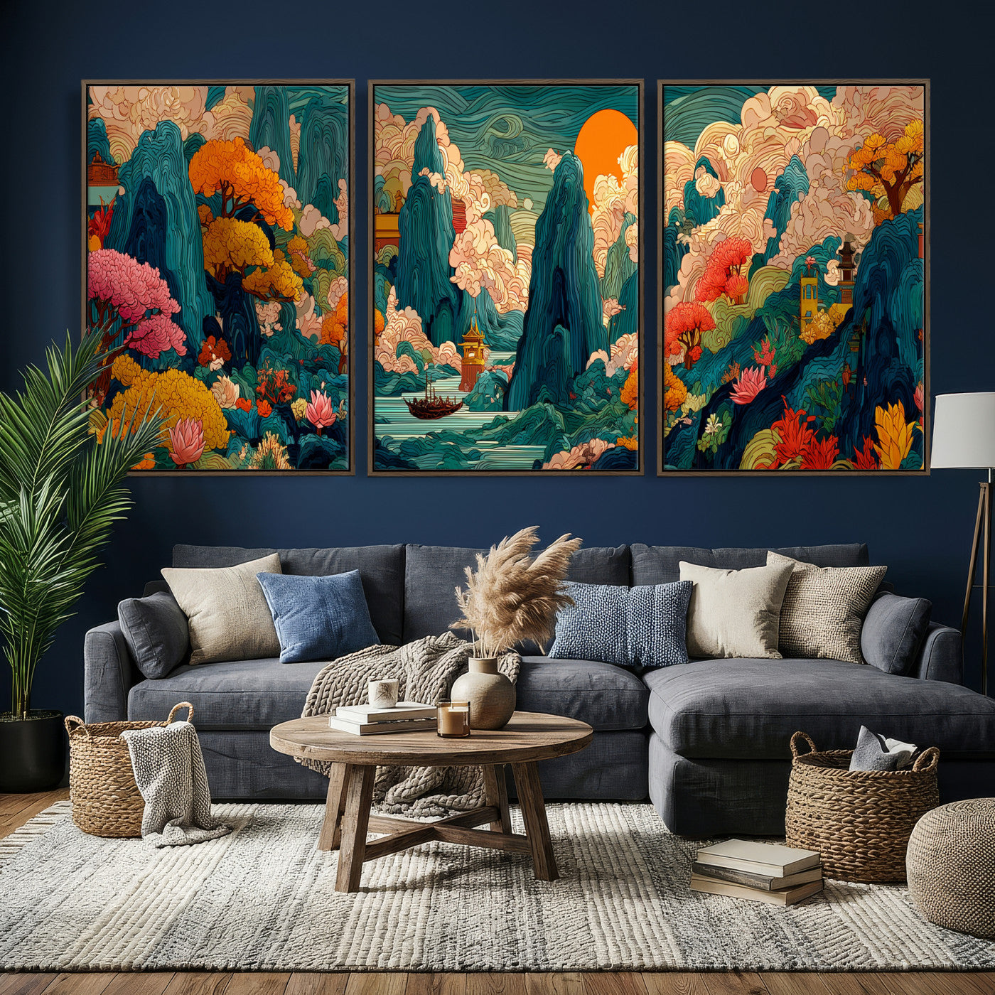 90422518-MGV-CV-48X32-3P - Colorful Japanese Landscape Print: Maximalist Panoramic Wall Art