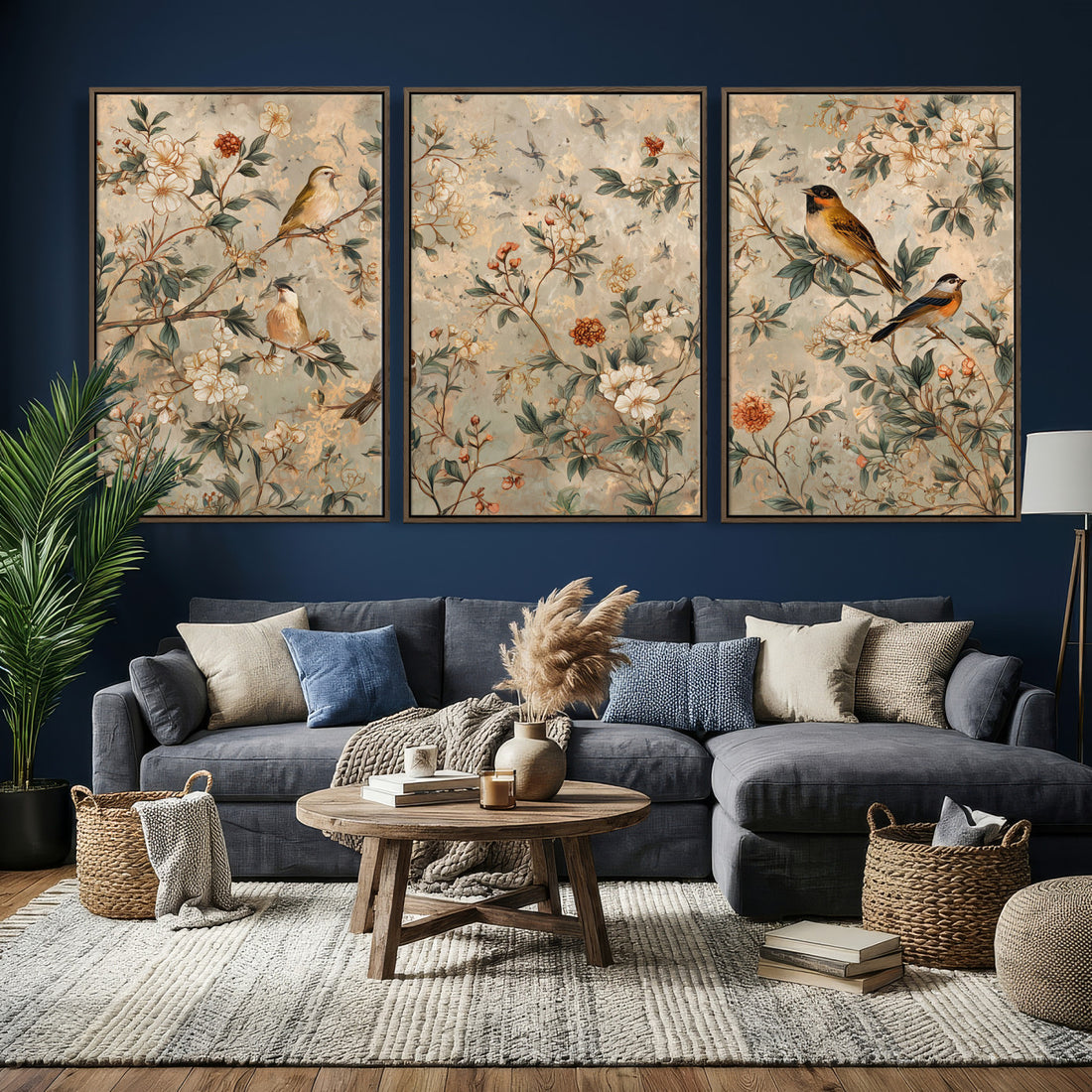 Vintage Birds and Flowers Wall Art Canvas Print, Botanical Bird Art