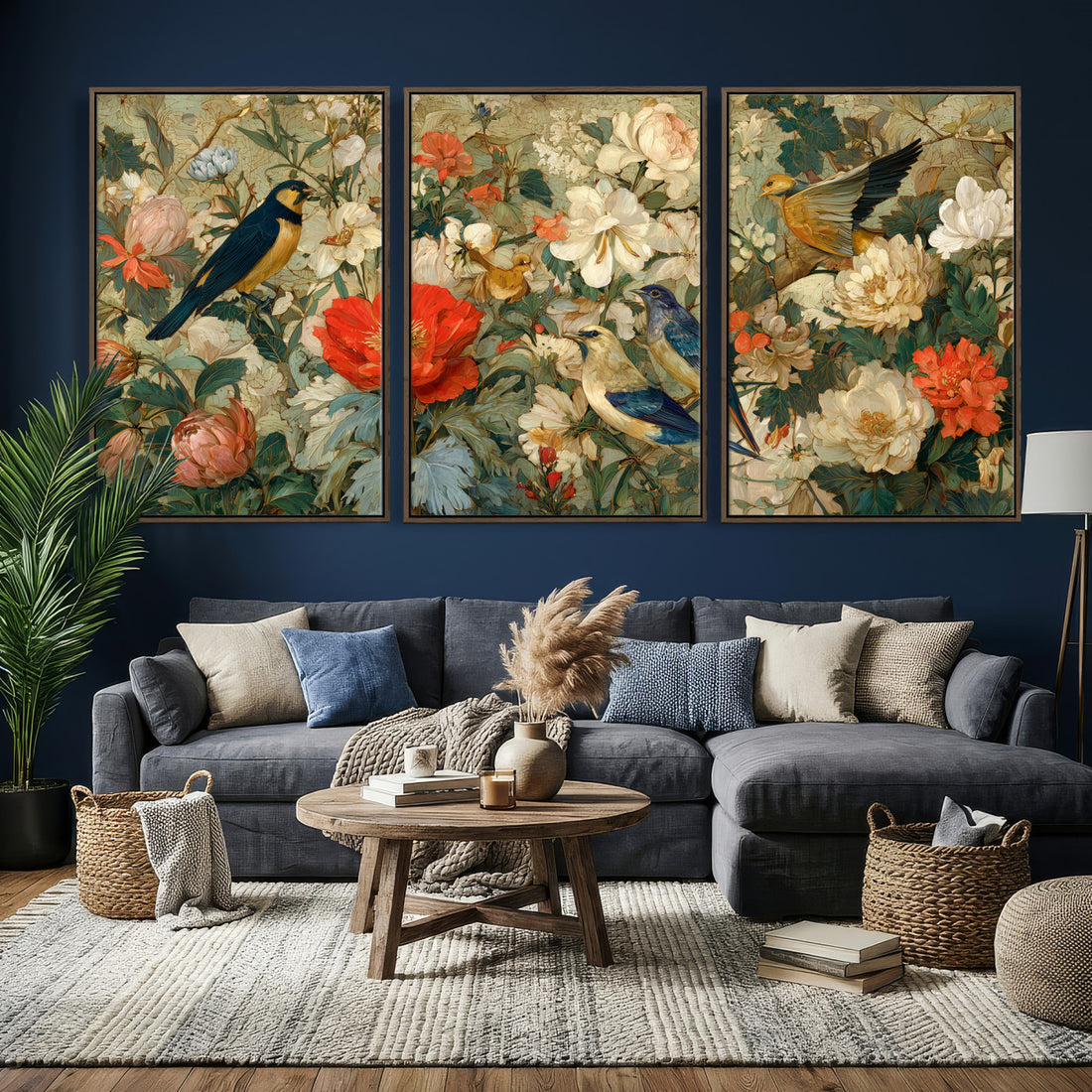 Vintage Birds and Flowers Wall Art Canvas Print, Botanical Bird Art