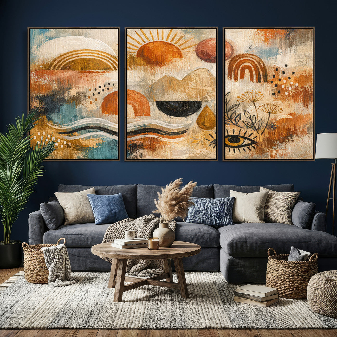 52155239-MGV-CV-36X24 - Geometric Boho Abstract Wall Art Canvas Print, Orange Blue Abstract Expressionist Painting Print, Modern Geometric Abstract Canvas Art