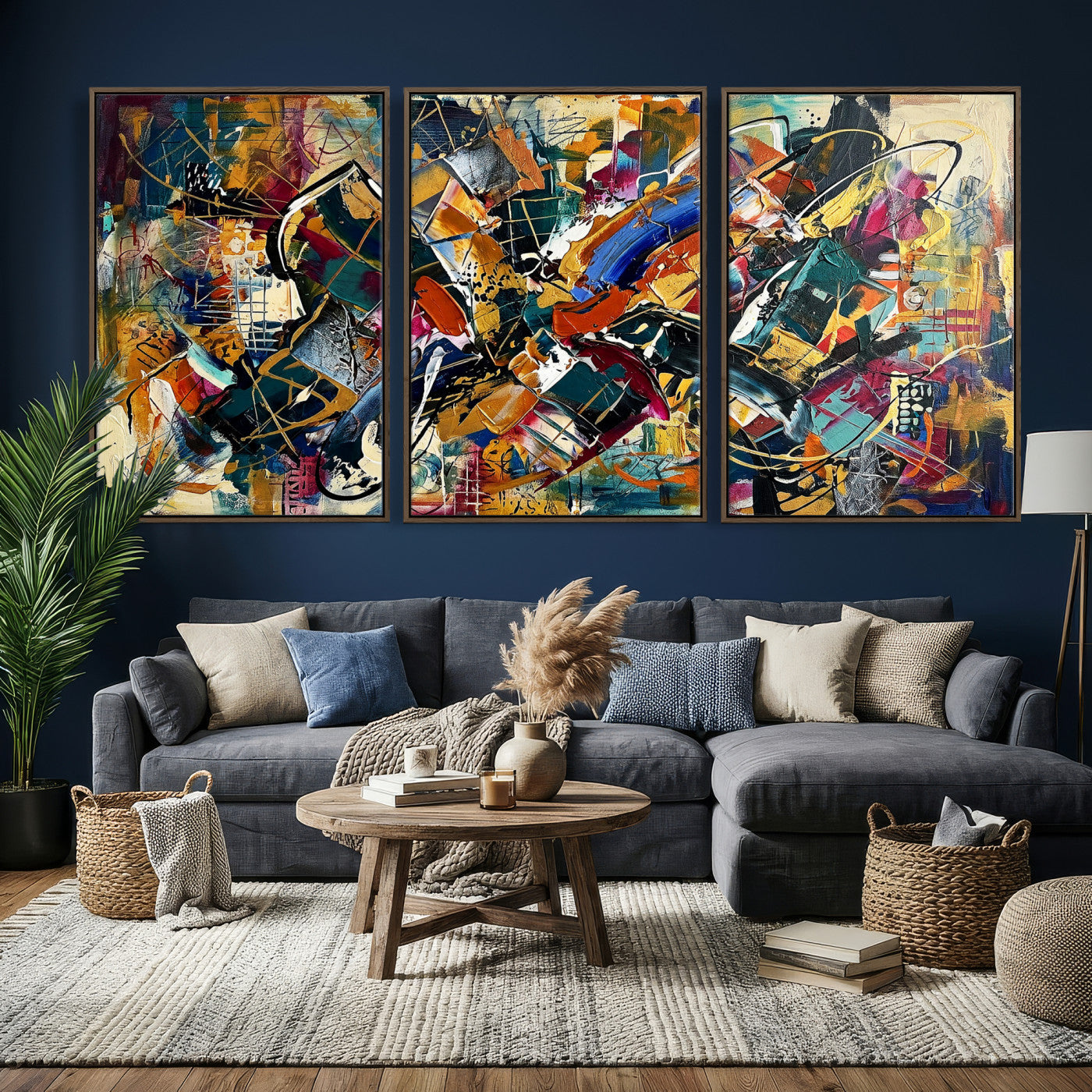 15525527-MGV-CV-36X24 - Geometric Abstract Wall Art Canvas Print, Orange Blue Abstract Expressionist Painting Print, Modern Geometric Abstract Canvas Art