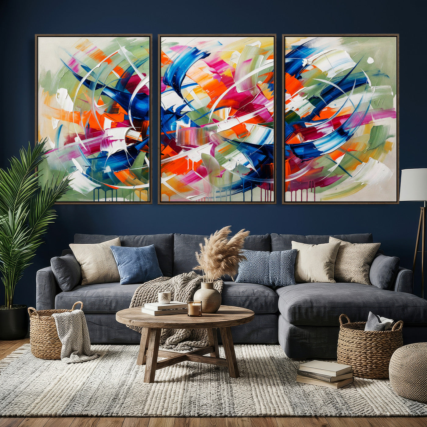 15032888-MGV-CV-36X24 - Geometric Abstract Wall Art Canvas Print, Orange Blue Abstract Expressionist Painting Print, Modern Geometric Abstract Canvas Art