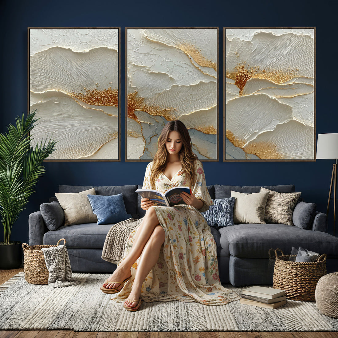 White Gold Floral Canvas Wall Art, Painterly Style Flower Print