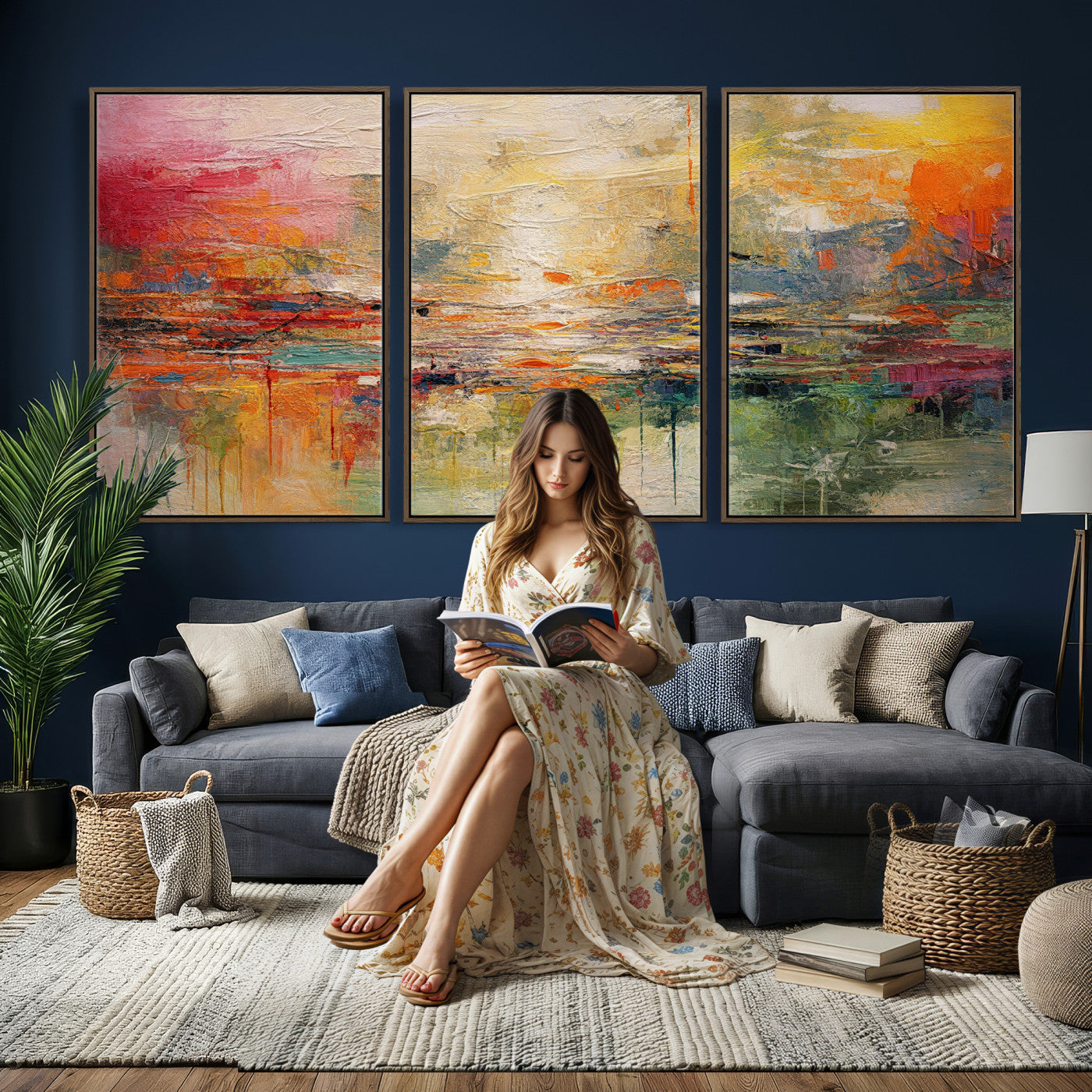 4712069P1-MGV-CV-36X24 - Colorful Abstract Canvas Wall Art — Large Textured Oil Painting Style Print | Orange Red Boho Wall Decor | Modern Living Room Art | Bold Wall Art