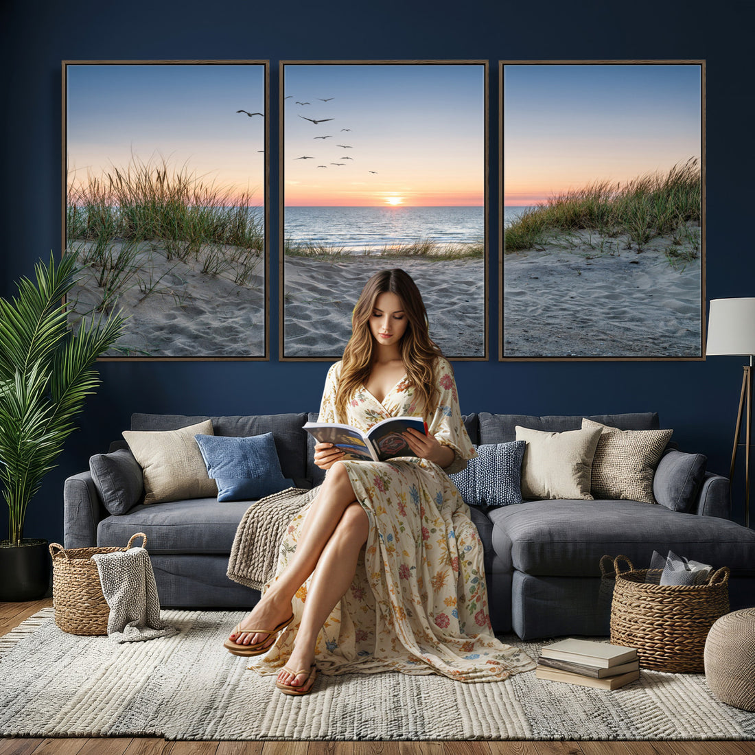 Sandy Dune Path Sunset Canvas Wall Art | Seagulls Beach Photography