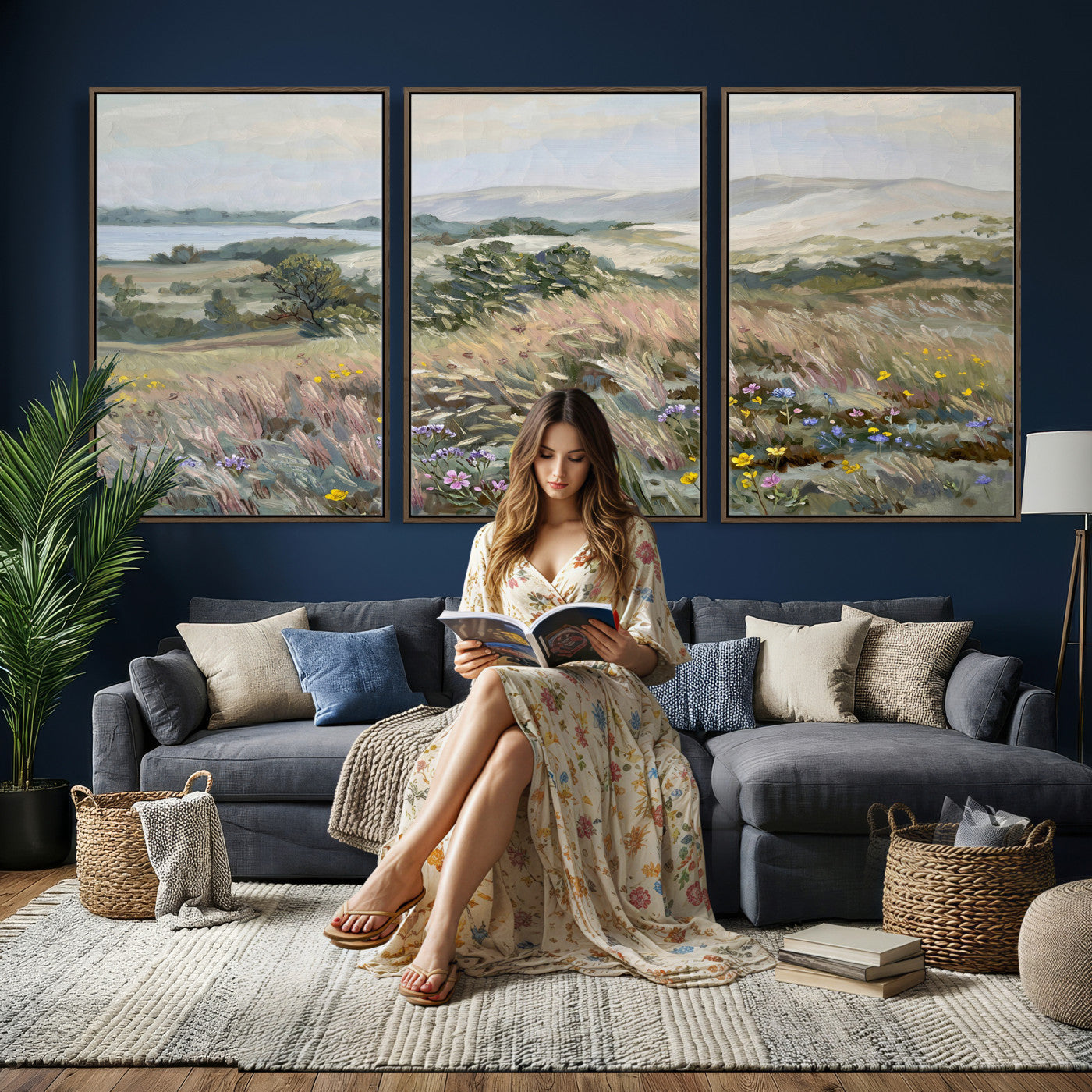 18013232-MGV-CV-36X24 - Katie Staples Hillside Canvas Wall Art — Coastal Wildflower Dune Oil Painting Print | Muted Green Nature Decor | Plein Air Landscape Gift