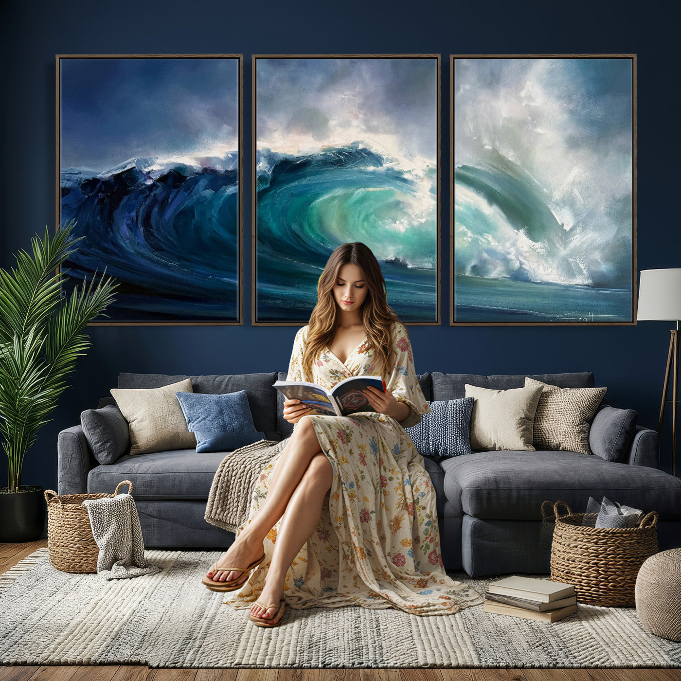 80752160-MGV-CV-60X30-3P - Ocean Wave Canvas Wall Art, Dramatic Teal Blue Seascape Oil Painting Print, Stormy Sea Coastal Decor, Large Beach House Art, Surf Wave Statement Art