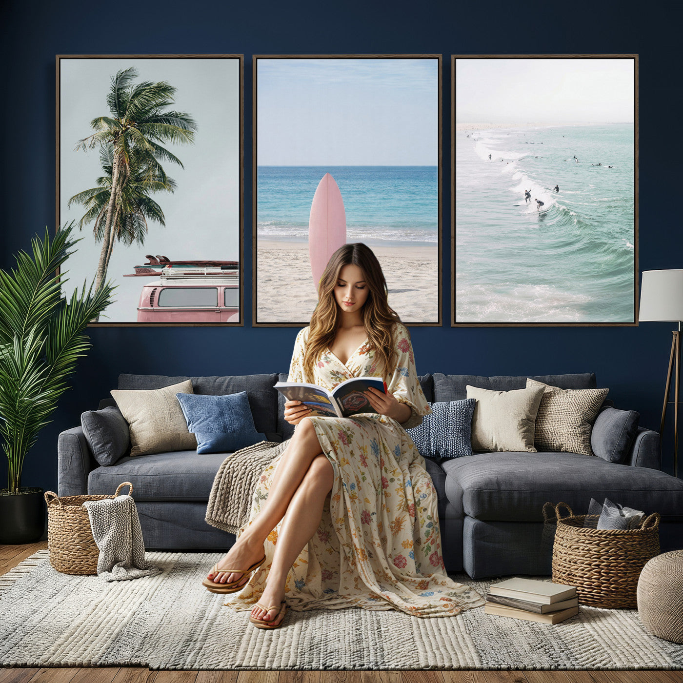 39028765-MGV-CV-60X30-3P - Surf Canvas Wall Art Set, Pink Surfboard VW Van Palm Tree Triptych, Beach House Coastal Decor, Pastel Ocean Photography Print, Boho Surf Decor