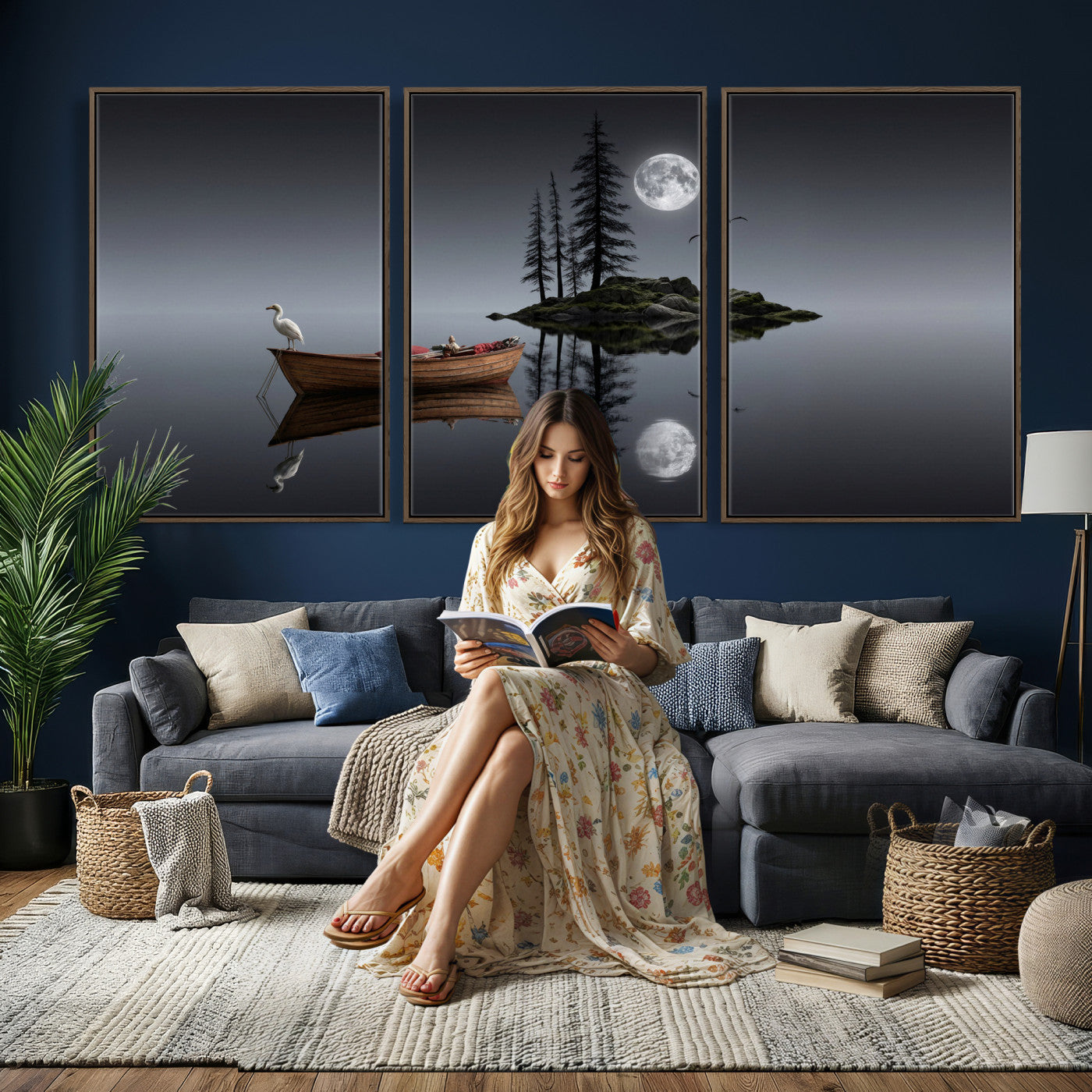 68839391D-MGV-CV-60X30-3P - Moonlit Lake Canvas Wall Art, Dreamy Boat Heron Full Moon Night Print, Dark Fantasy Nature Decor, Moody Bedroom Art, Surreal Landscape Wall Art