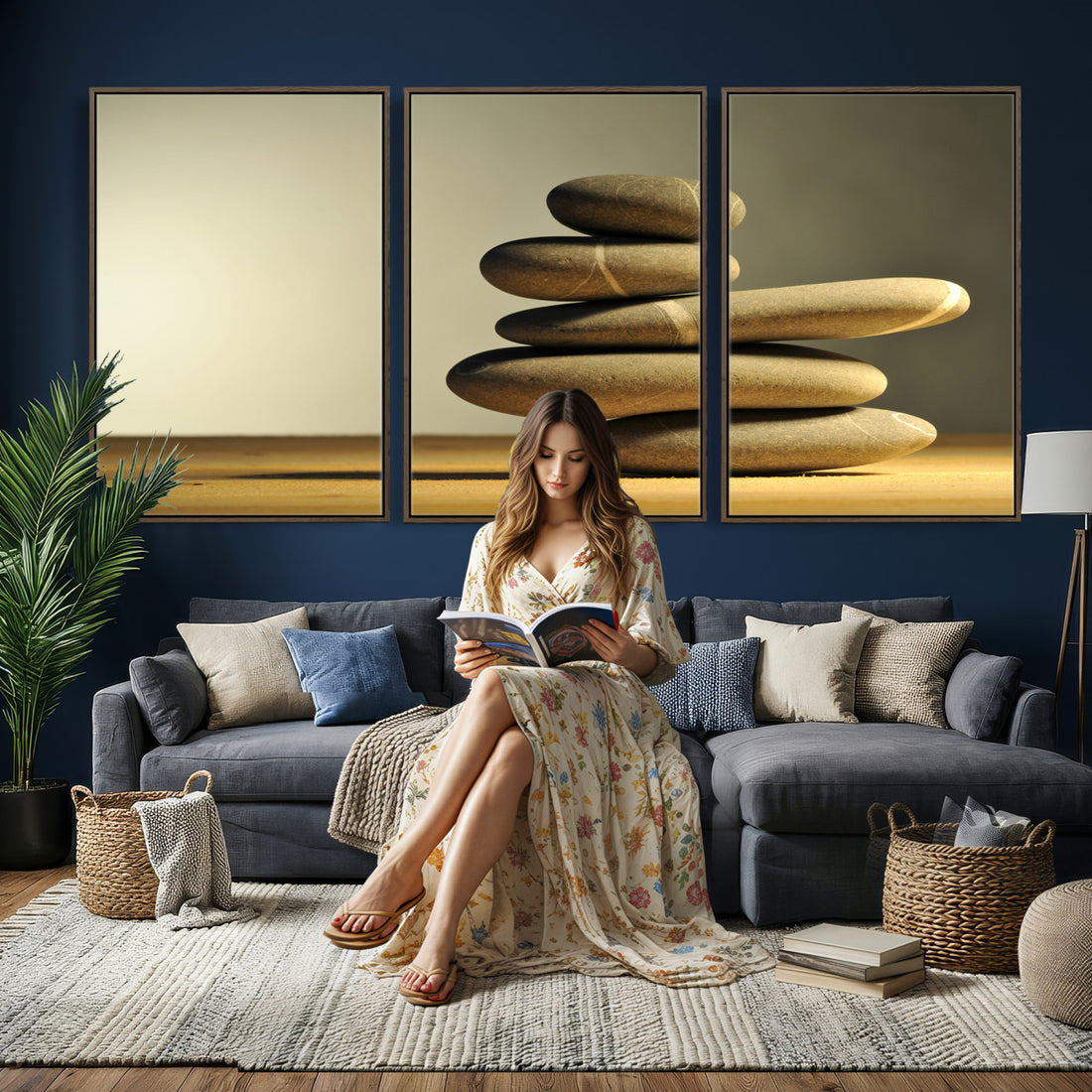 Zen Stone Wall Art Canvas Print, Balanced Rock Stack Framed Artwork