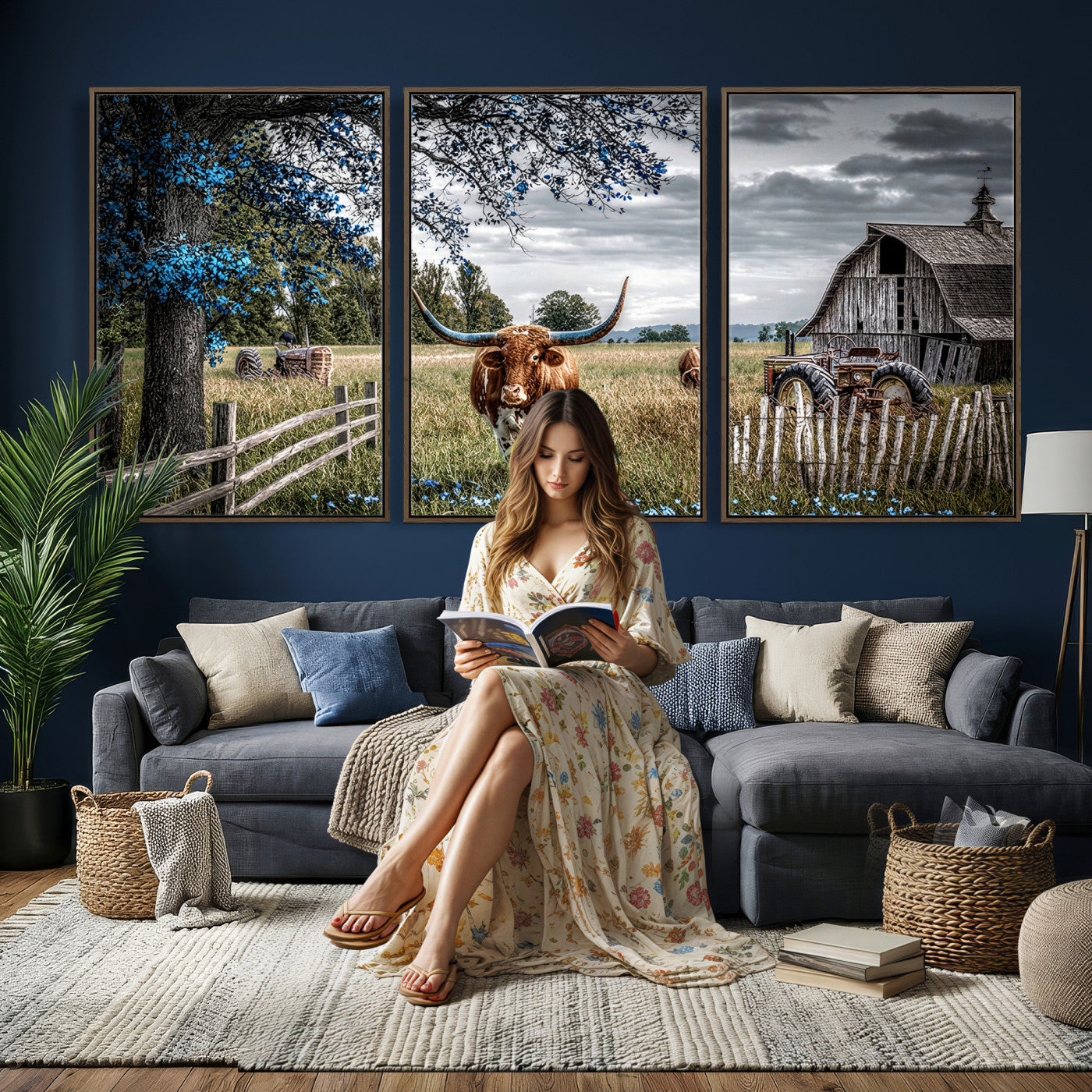 40526446-MGV-CV-60X30-3P - Texas Longhorn Canvas Wall Art, Rustic Farm Barn Bluebonnet Photography Print, Farmhouse Country Decor, Western Ranch Art, Old Truck Tractor Print