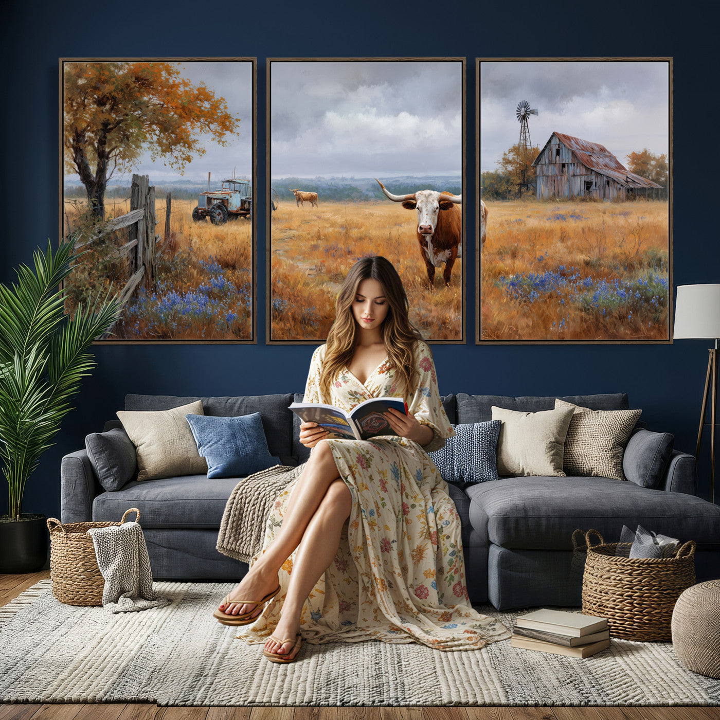 25324907-MGV-CV-60X30-3P - Texas Longhorn Canvas Wall Art, Rustic Farm Barn Bluebonnet Photography Print, Farmhouse Country Decor, Western Ranch Art, Old Truck Tractor Print