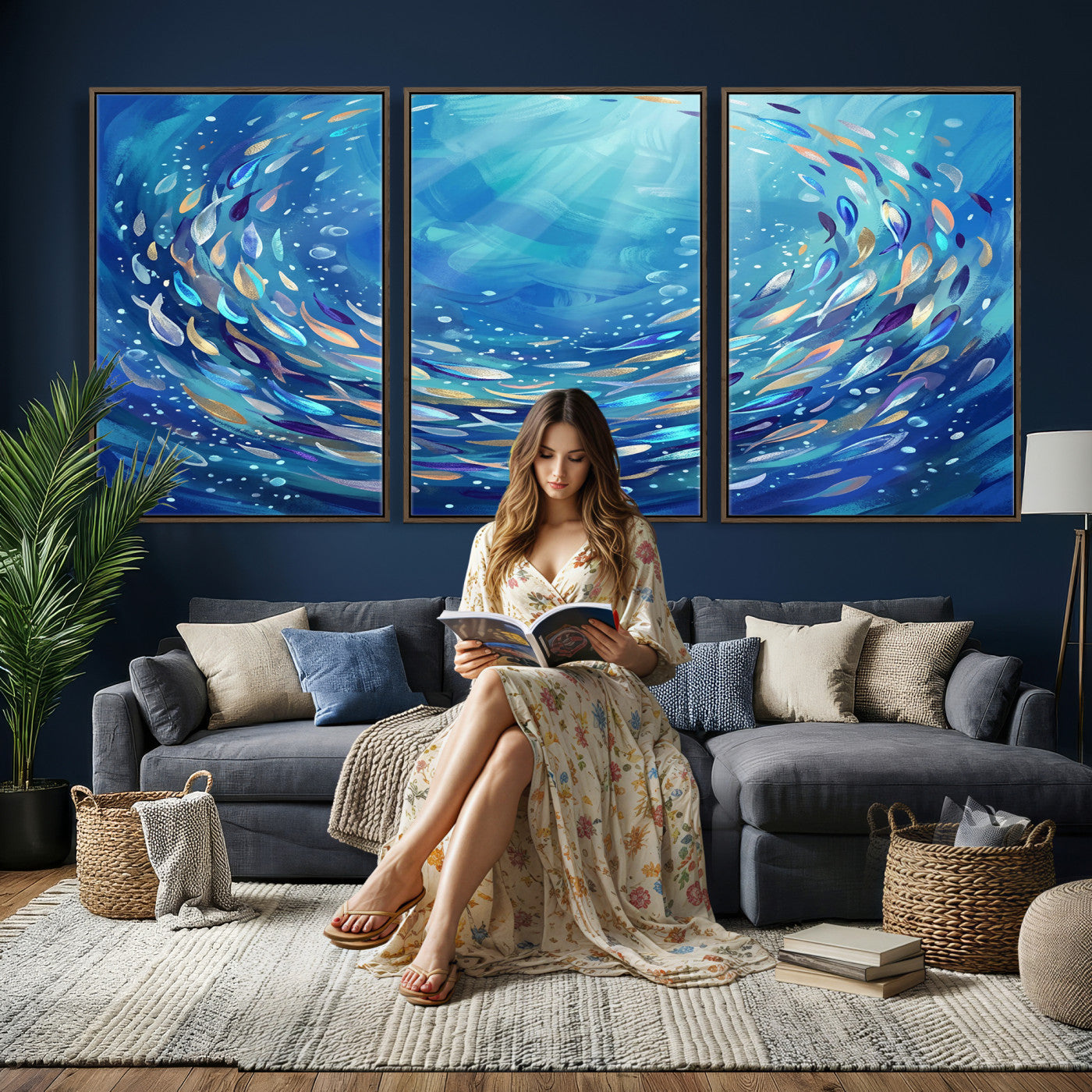 78699899-MGV-CV-36X24 - School of Fish Canvas Print | Blue Ocean Underwater Wall Art | Swirling Fish Shoal Illustration | Marine Navy Coastal Decor